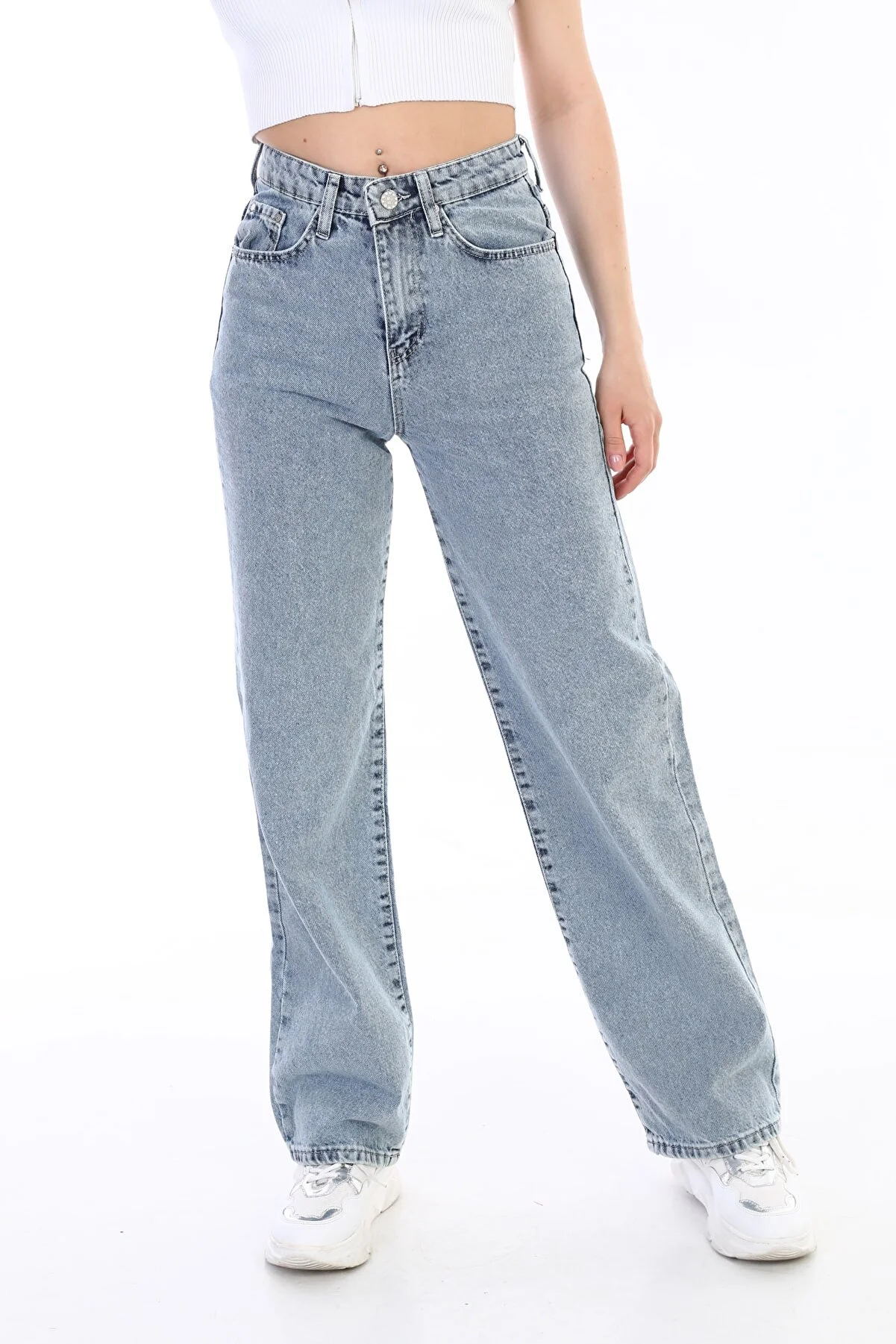 BİKELİFE  Hellblaue, lockere, lässige Palazzo-Jeans für Damen mit hoher Taille und weitem Bein