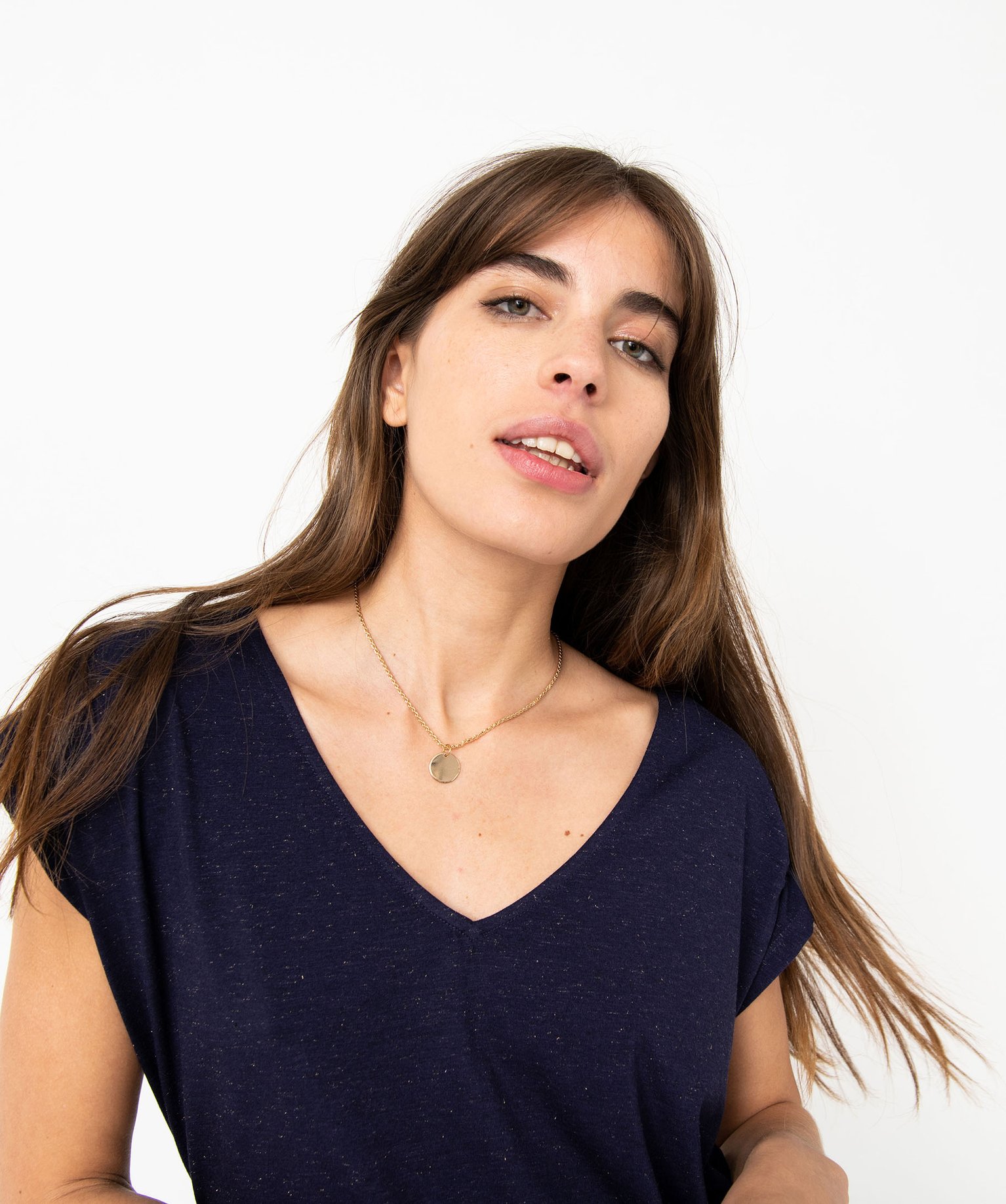 Tee-shirt femme à manches courtes froncées et col V marine | GEMO