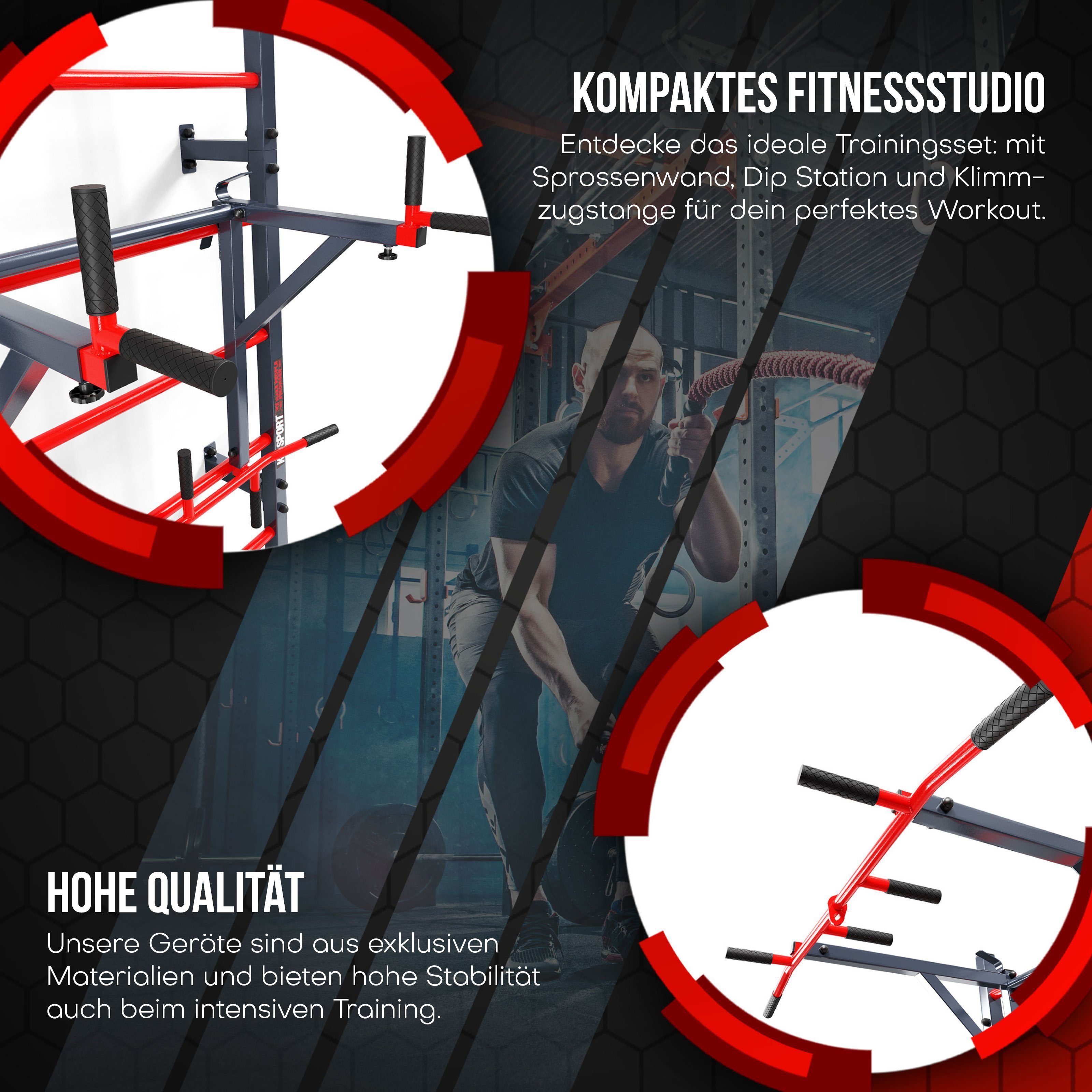 K-SPORT Kraftstation Sprossenwand mit Dip Station & Klimmzugstange, (Kraftstation mit Pull-Up Bar + Dip Stange, bis max. 150 kg), Made in EU!