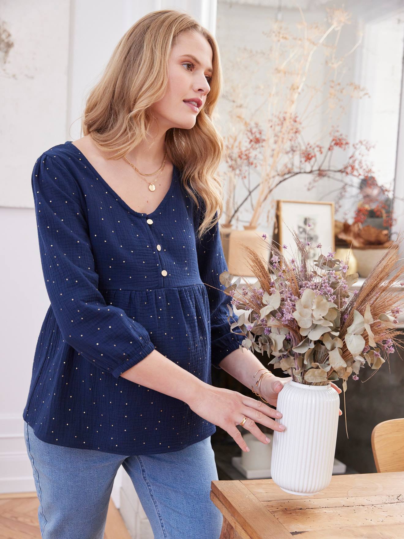 Vertbaudet Bluse mit 3/4-Ärmel für Schwangerschaft & Stillzeit - blau