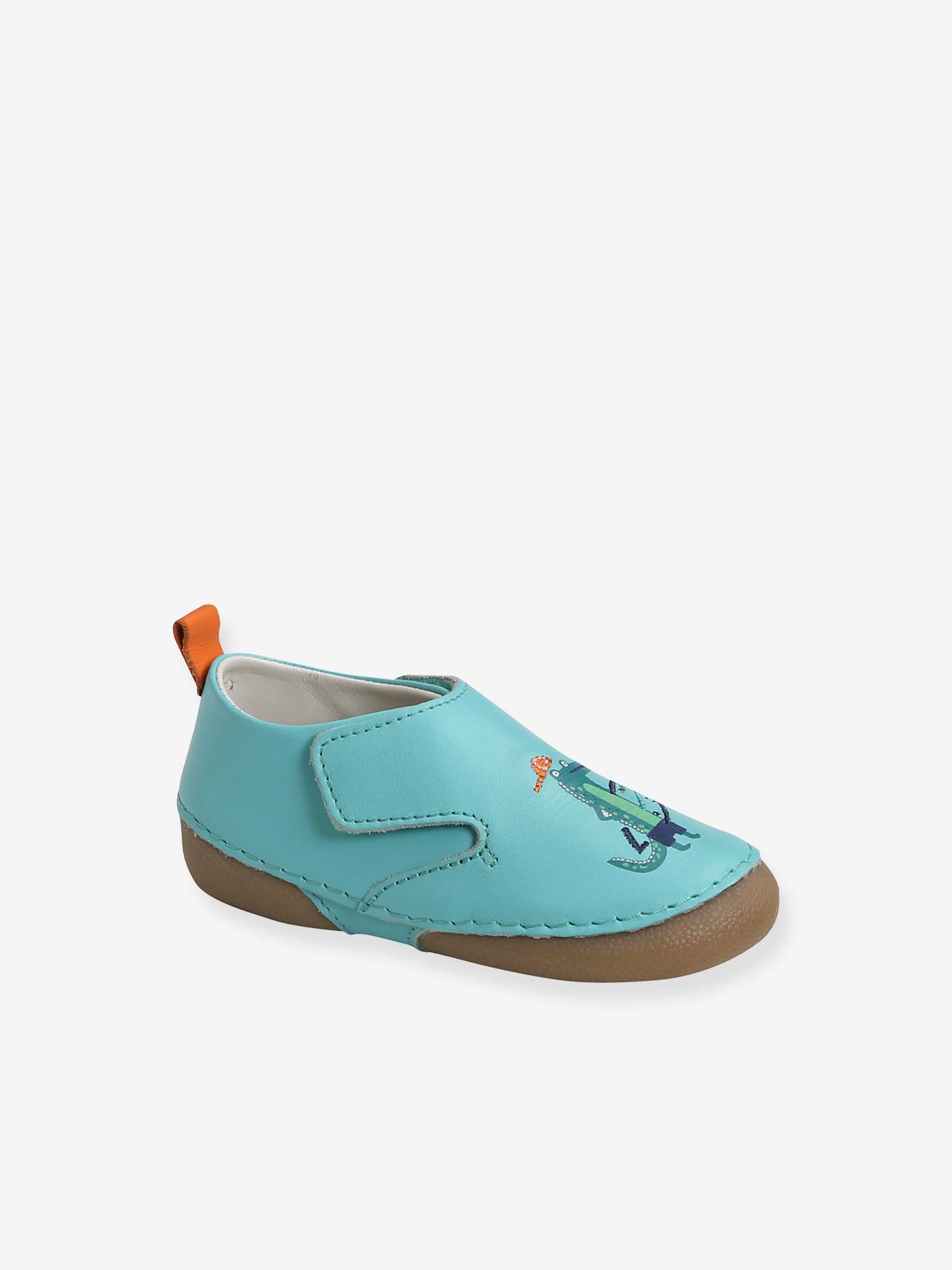Chaussons scratchés bébé garçon en cuir vert aqua