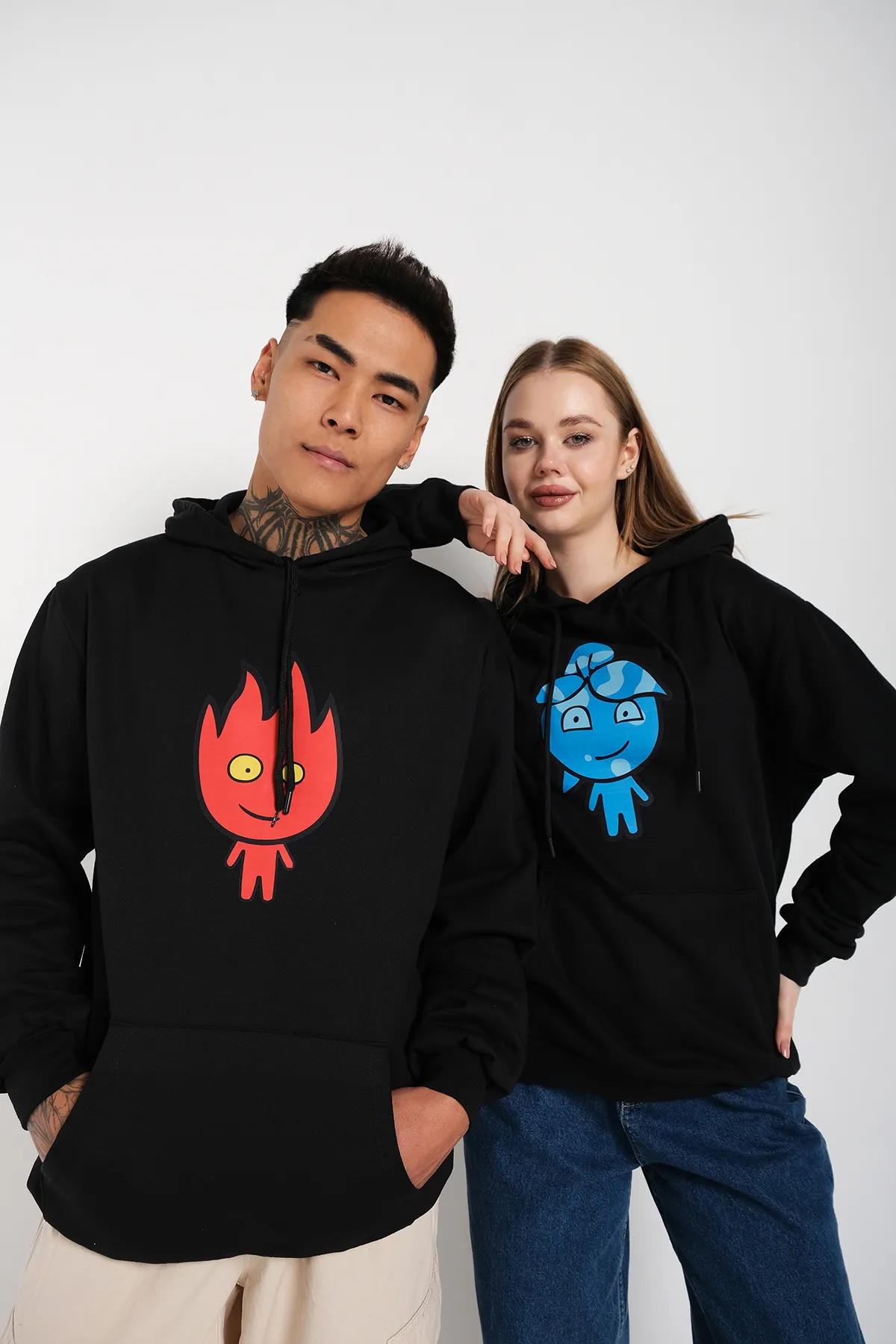 Know  Schwarzer Unisex-Kapuzenpullover mit Aufdruck „Binary Fire And Water“ in Übergröße