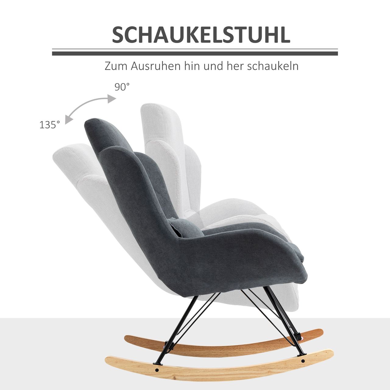 HOMCOM Schaukelstuhl Liegestuhl Lesesessel 90-135° Schaukel Leinen Gummiholz Dunkelgrau 75 x 95 x 110 cm