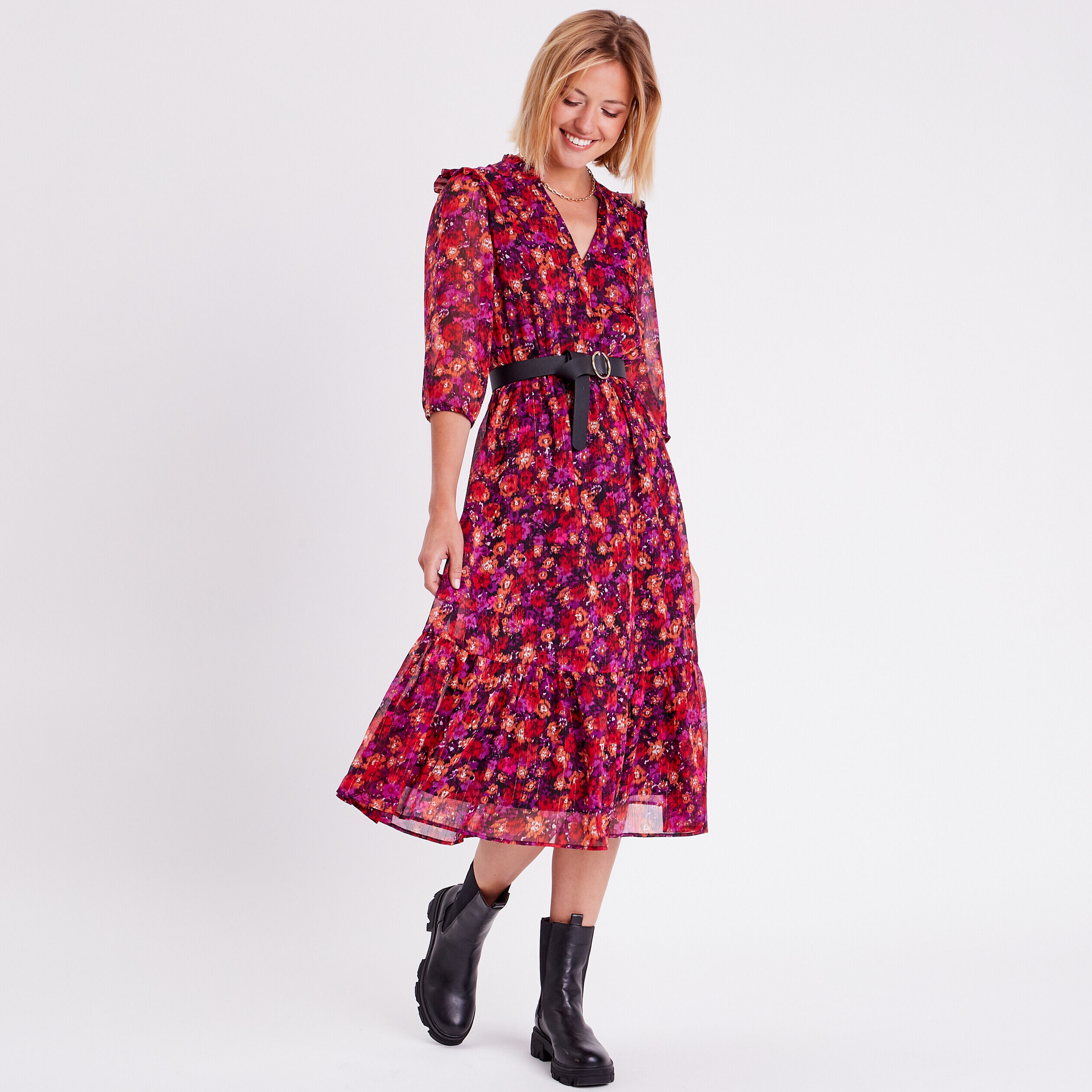 Robe longue évasée volantée rose fushia femme | Cache Cache