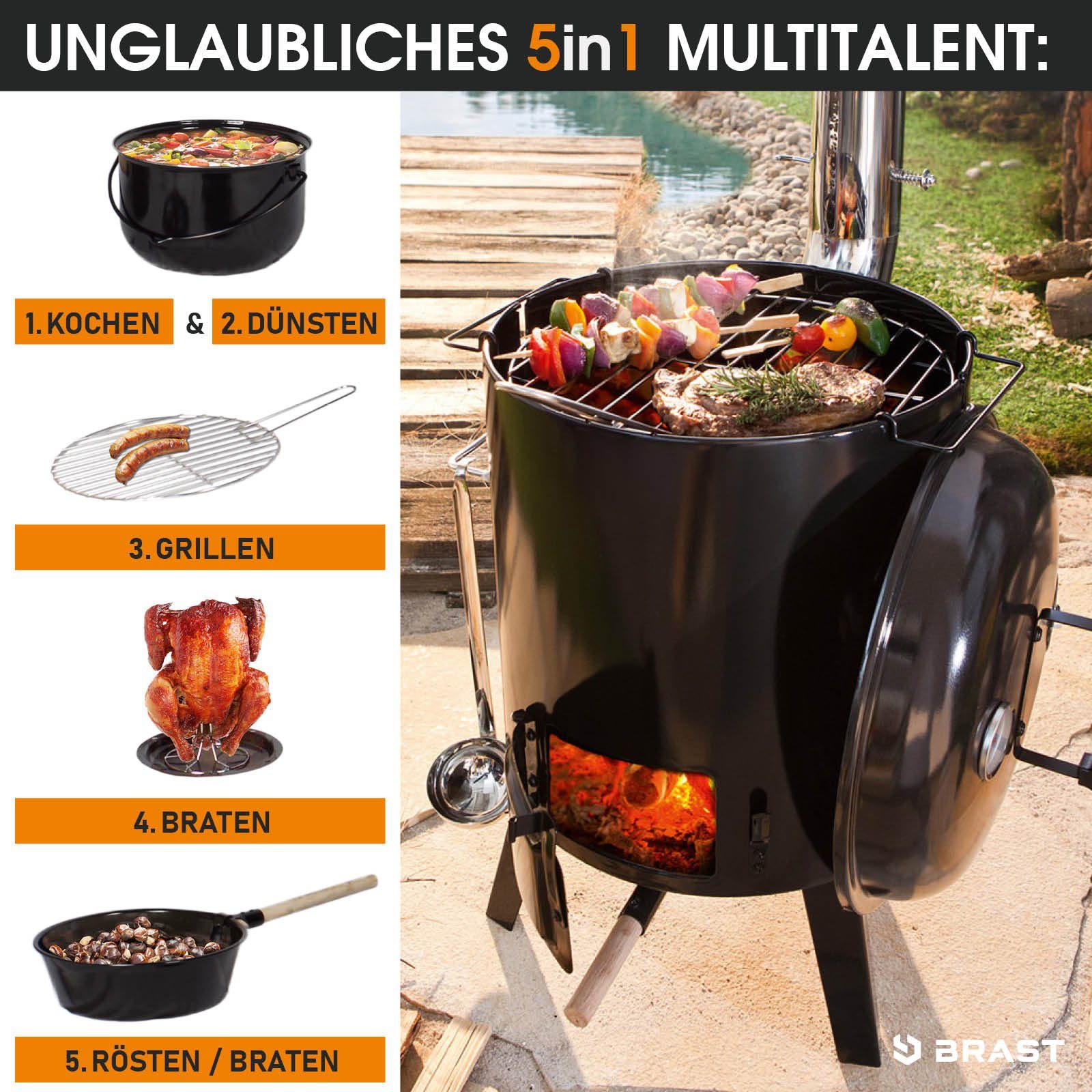 BRAST Kombigrill Eintopfofen mit Grillfunktion Ofen Kugelgrill Barbecue Grill, Outdoor-Küche Gulaschkanone Suppenkessel Hähnchenbräter, Ungarischer Gulaschkessel aus Stahlblech inkl. Zubehör