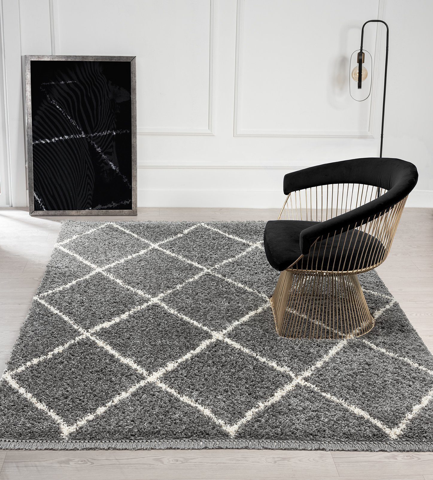 Hochflor-Teppich Bahar Shaggy Langflor Rauten Muster Creme-Schwarz, the carpet, Rechteck, Höhe: 35 mm, Wohnzimmer, Schlafzimmer, skandinavisch