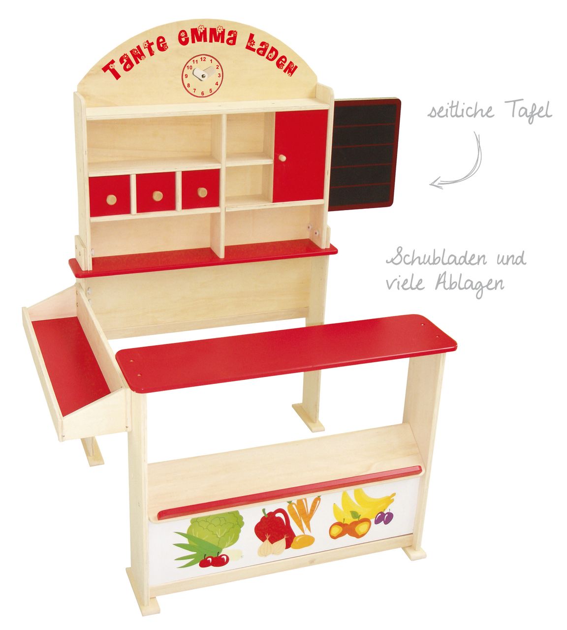 Roba Kaufladen 'Tante Emma', Holz natur, mit Theke, Tafel, Seitentheke & Markststand Bedruckung