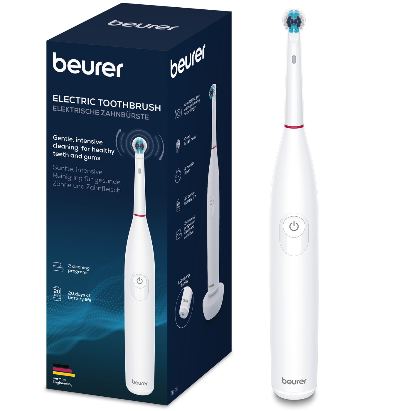 Beurer Elektrische Zahnbürste TB 30-2 individuelle Reinigungsprogramme und integrierter 2-Minuten-Timer für perfekte Reinigung