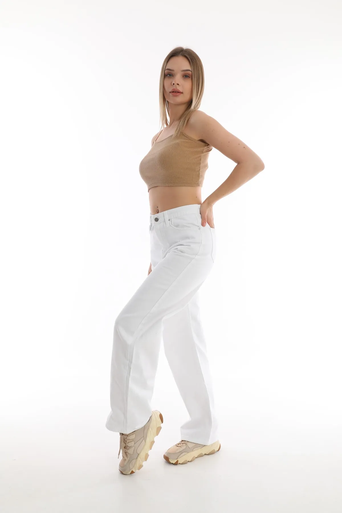 BİKELİFE  Weiße Palazzo-Hose mit weitem Bein und hoher Taille für Damen