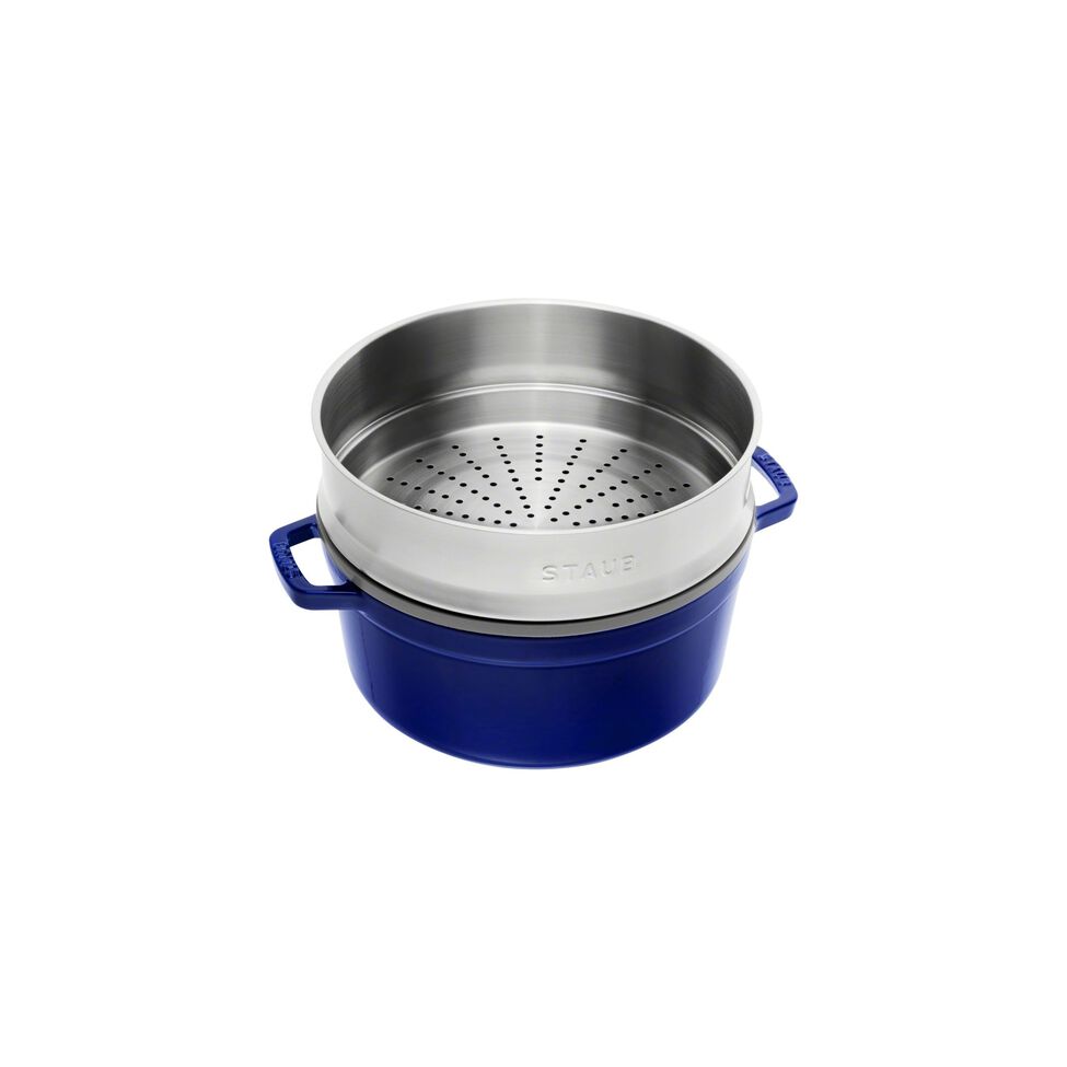 Cocotte mit Dämpfeinsatz 26 cm, rund, Dunkelblau, Gusseisen