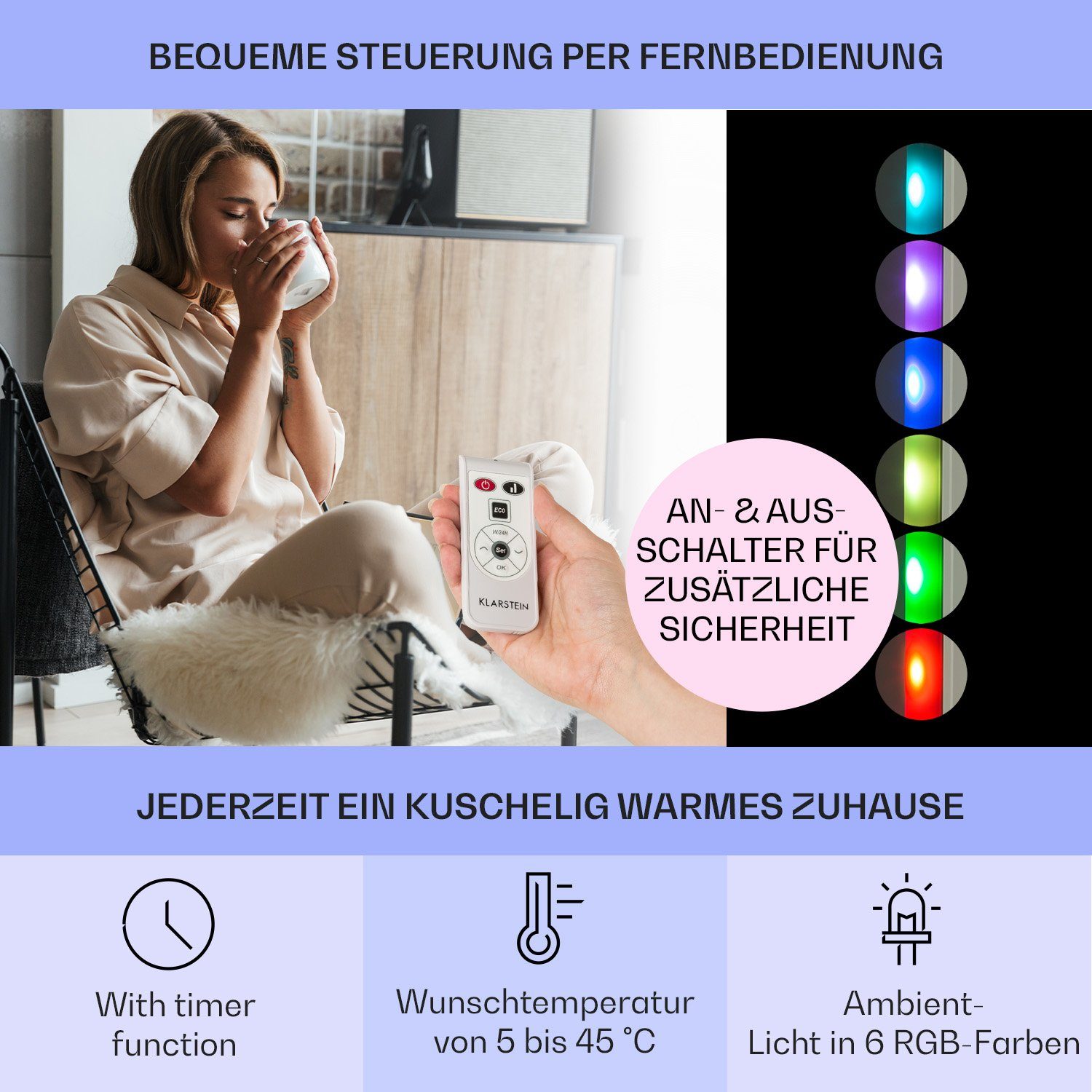 Klarstein Heizstrahler Bornholm Curved Ambient, 2000 W, Konvektorheizung elektrisch Elektrokoheizung energiesparend Heizkörper