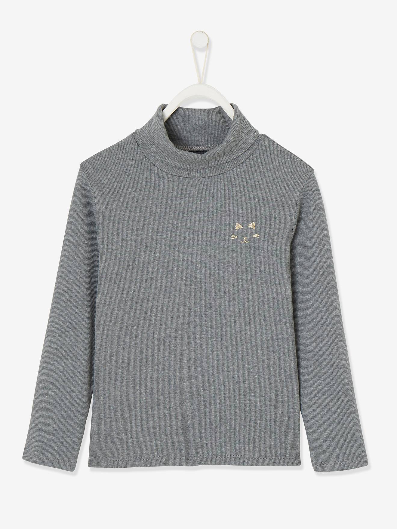 T-shirt col roulé Basics fille motif chat irisé poitrine gris chiné