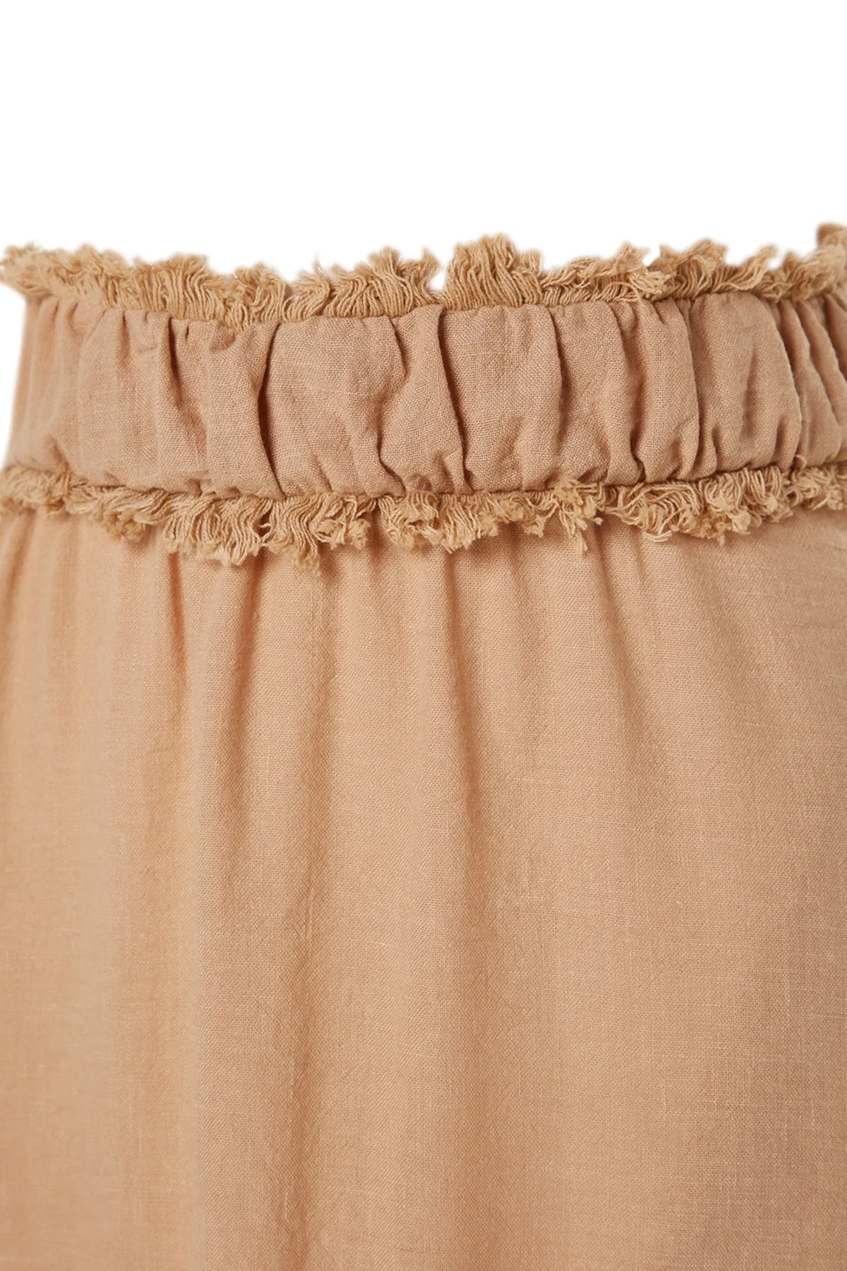 Trendyol Modest  X Kevser Sarıoglu Beigefarbener gewebter Rock mit Quastendetail an der Taille TCLSS23EE00000
