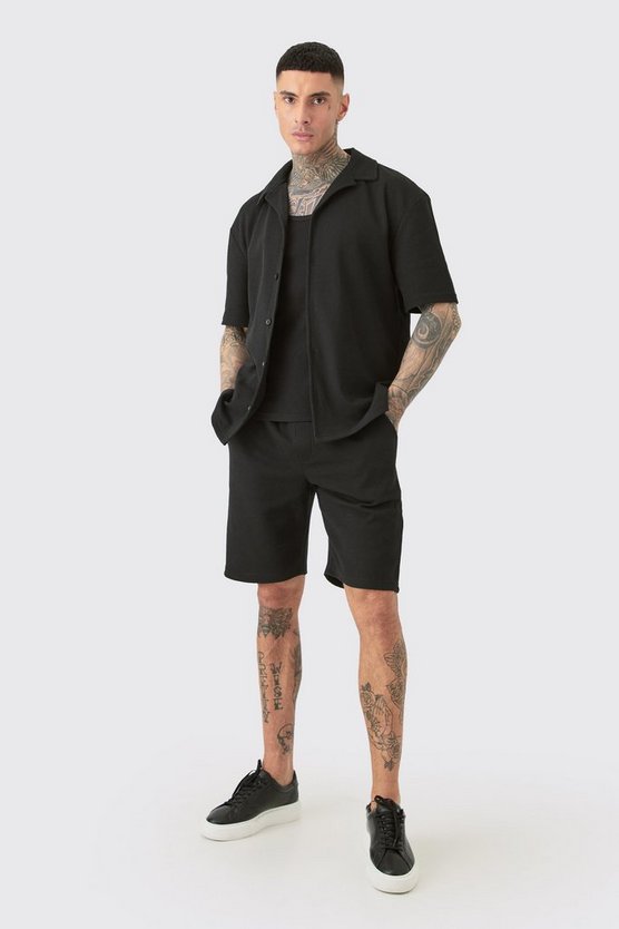 Tall kurzärmliges Hemd & Shorts in Schwarz