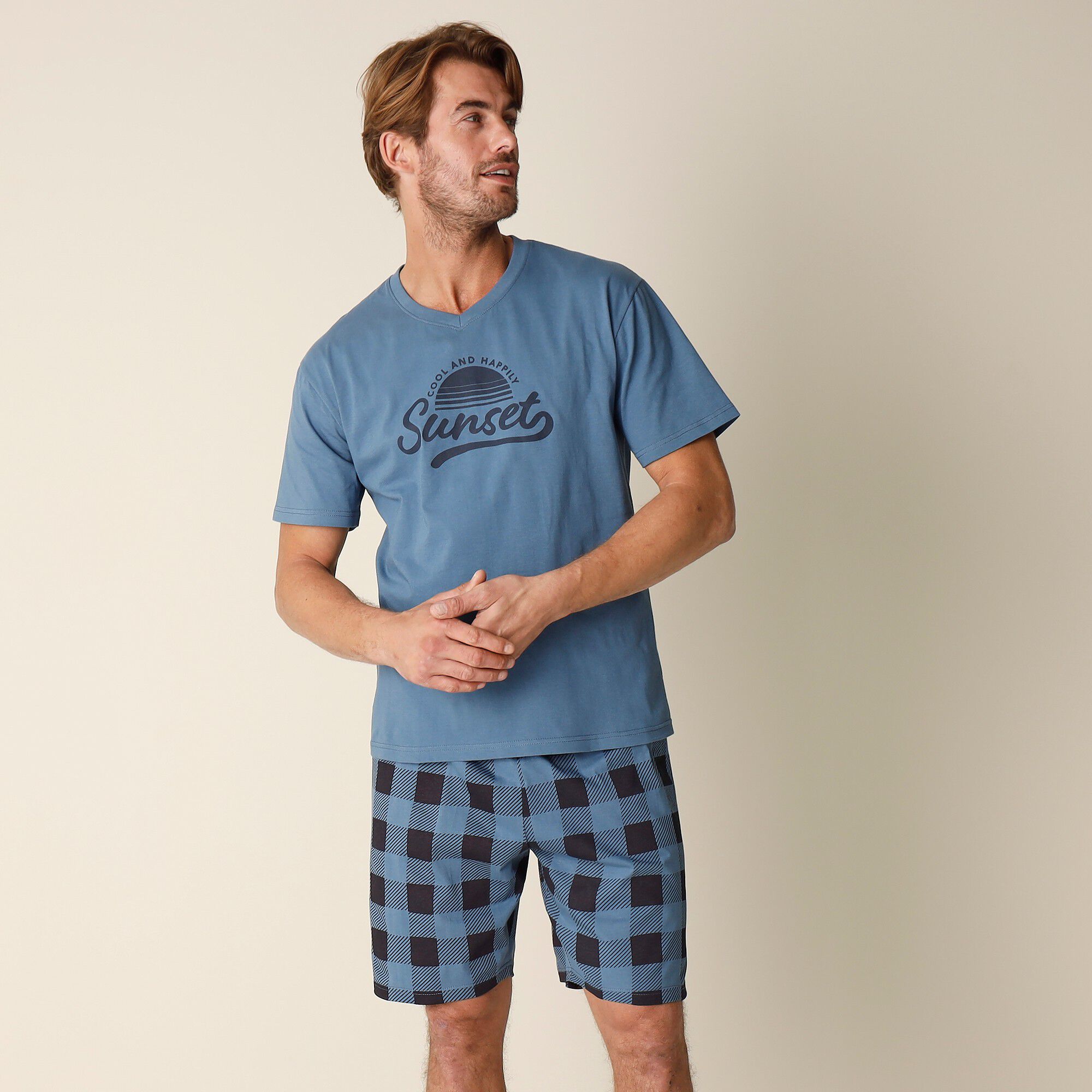 Pyjama short coton carreaux manches courtes