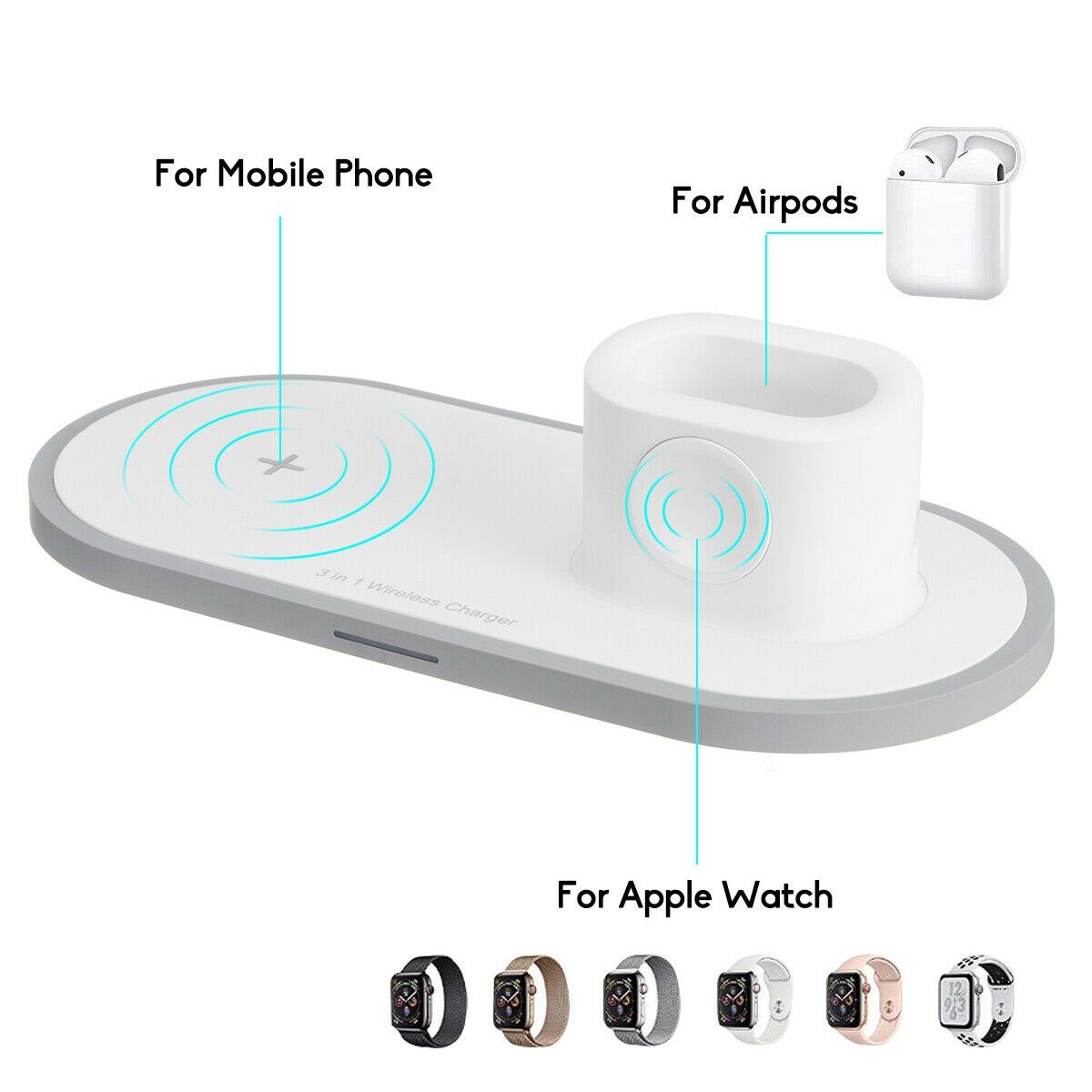 2Pace Smartphone-Dockingstation 2Pace® 3 in 1 QI Charger 10W Ladegerät Ladestation für Apple Watch, Airpods Anschluss,Apple Watch Anschluss