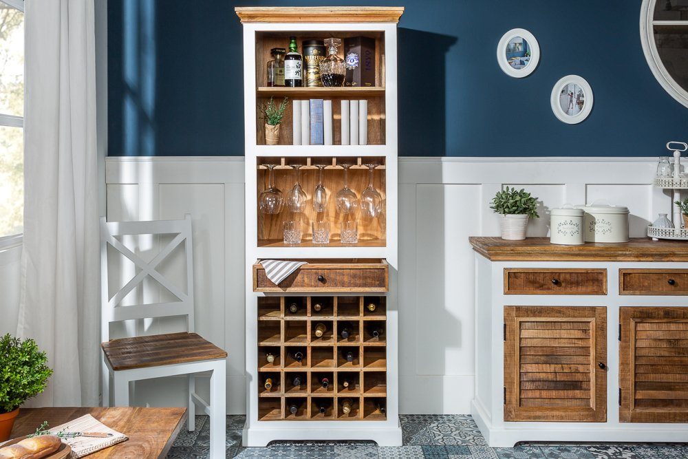 riess-ambiente Weinregal LONG ISLAND 196cm weiß / natur, 1-tlg., Massivholz · Flaschenregal · Landhaus · Küche · Mangoholz