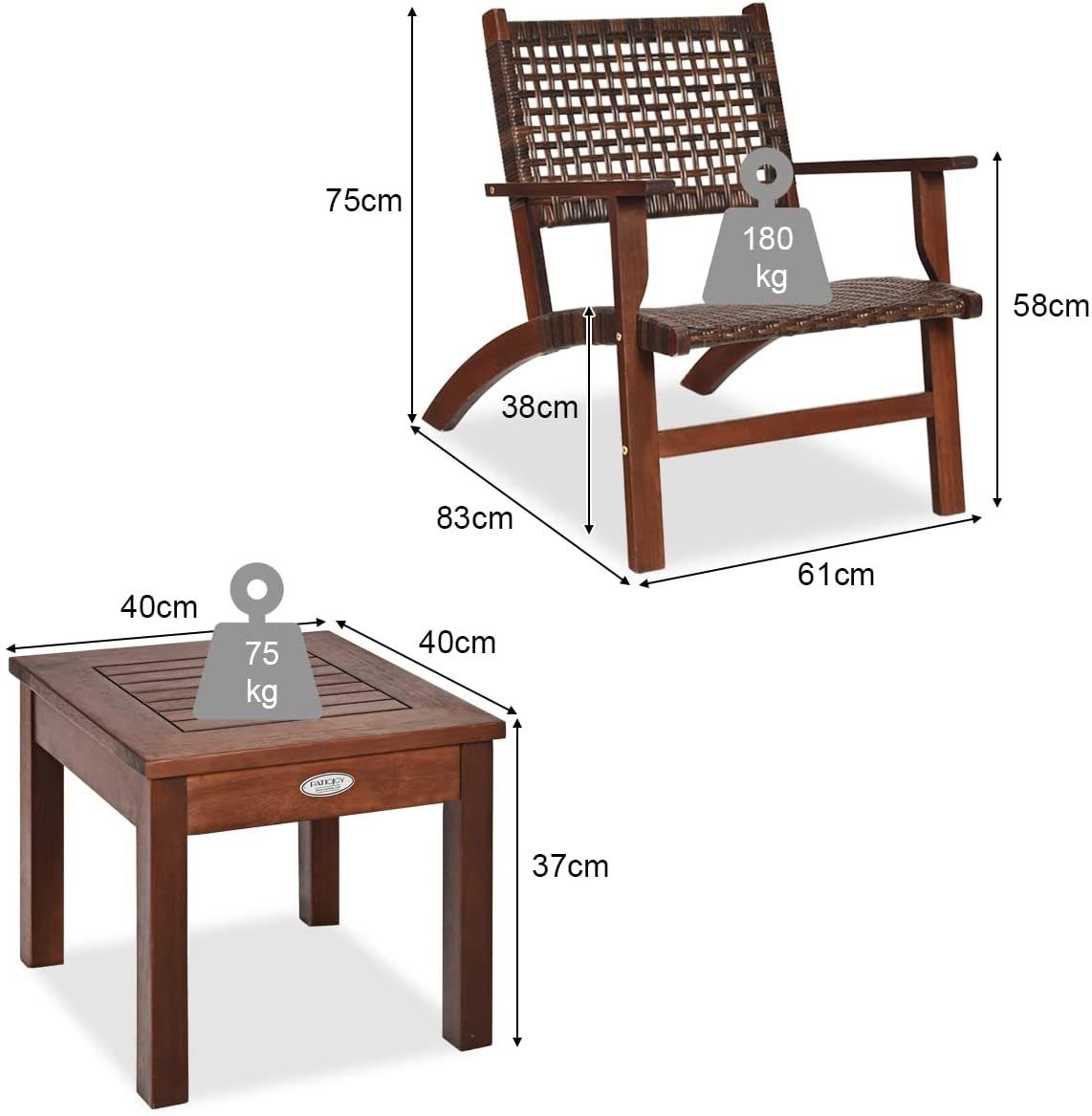 KOMFOTTEU Gartenbar-Set 3-teiliges Terrassenmöbel-Set, 2 Stühle aus Eukalyptusholz