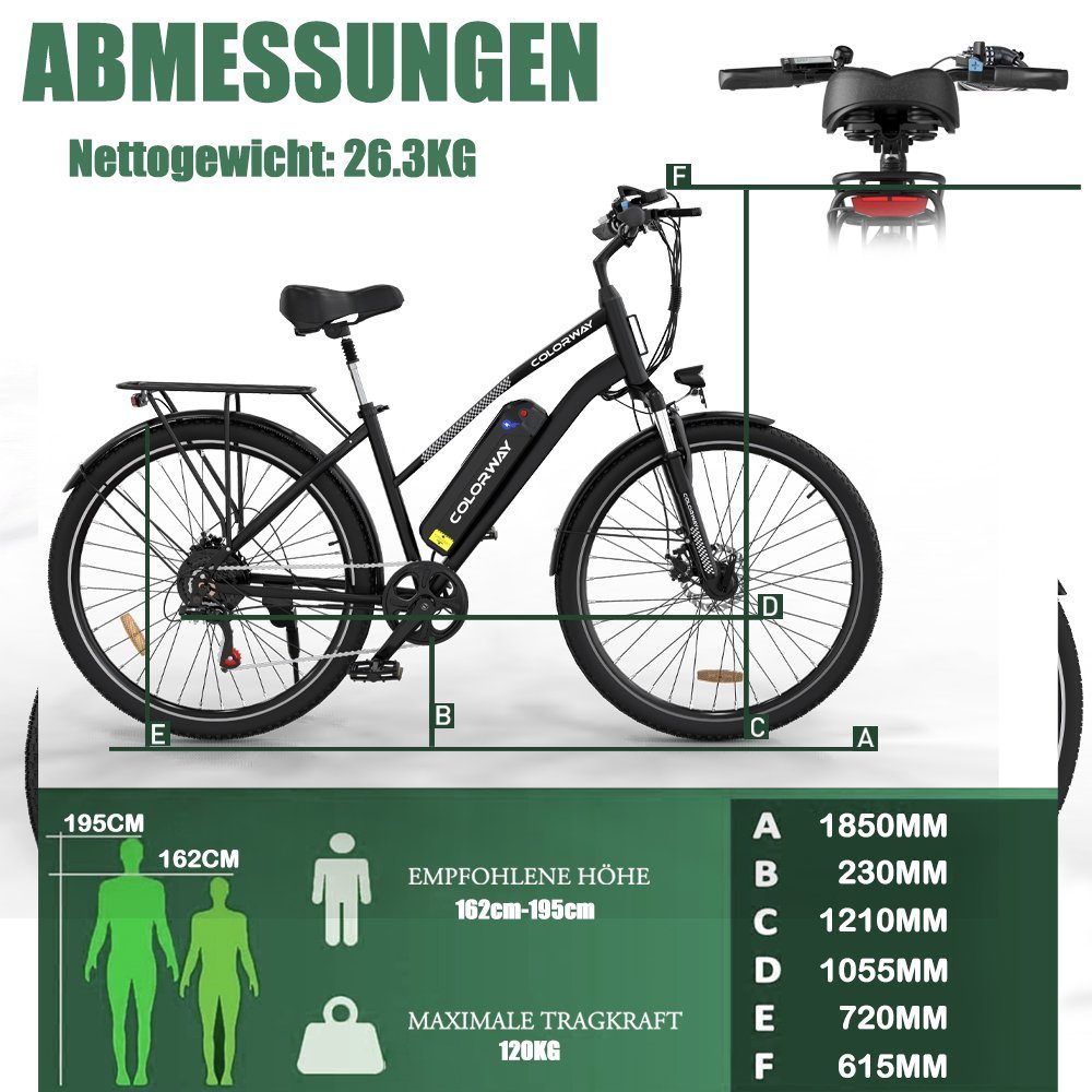 RCB E-Bike COLORWAY 28 ZOLL, 7 Gang, 250W Heckmotor, MTB abnehmbarer Akku, Doppelscheibenbremse, Shimano 7Gang StVZO