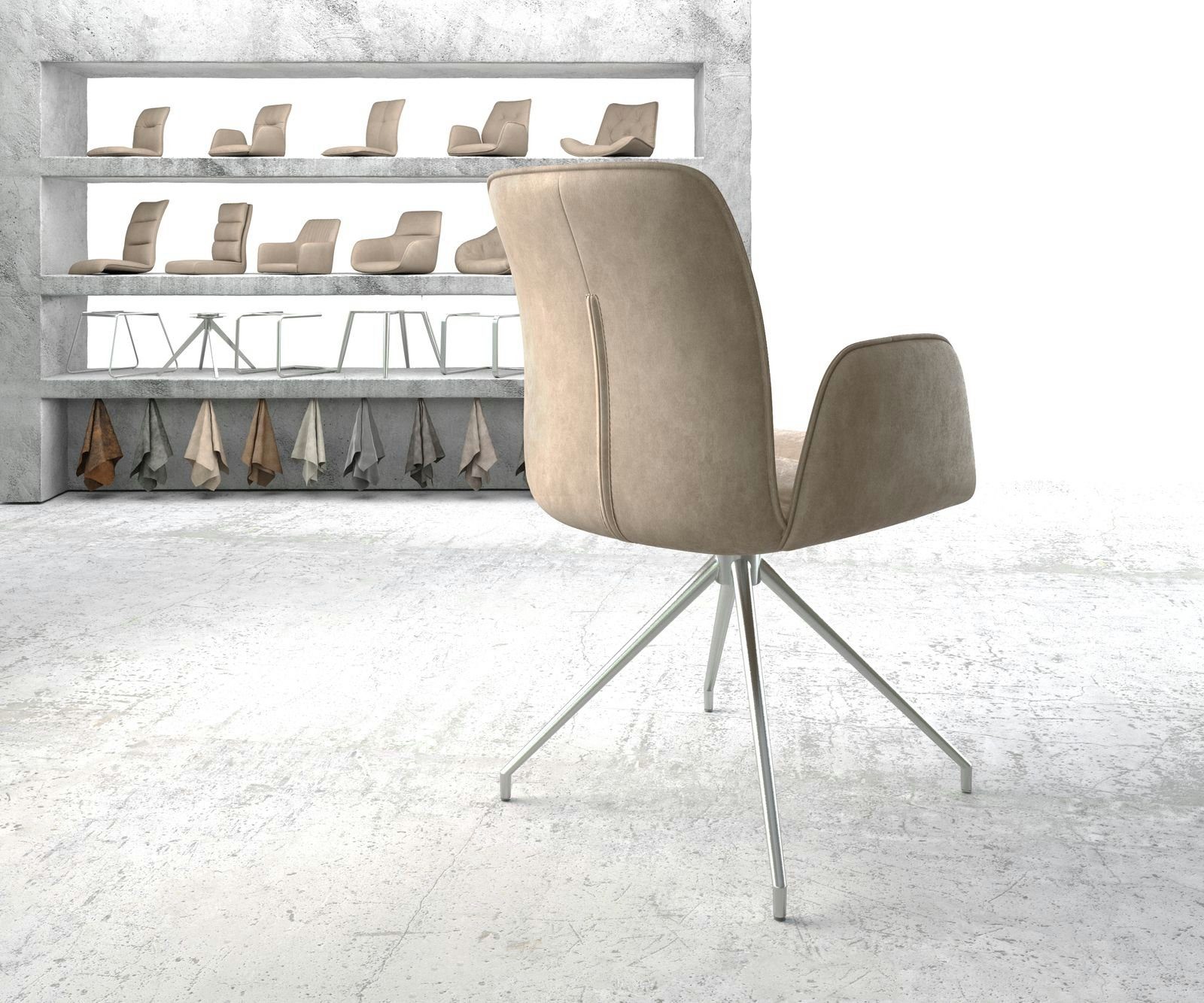 DELIFE Polsterstuhl Vinja-Flex, Kreuzgestell konisch Edelstahl Beige Vintage 180° drehbar