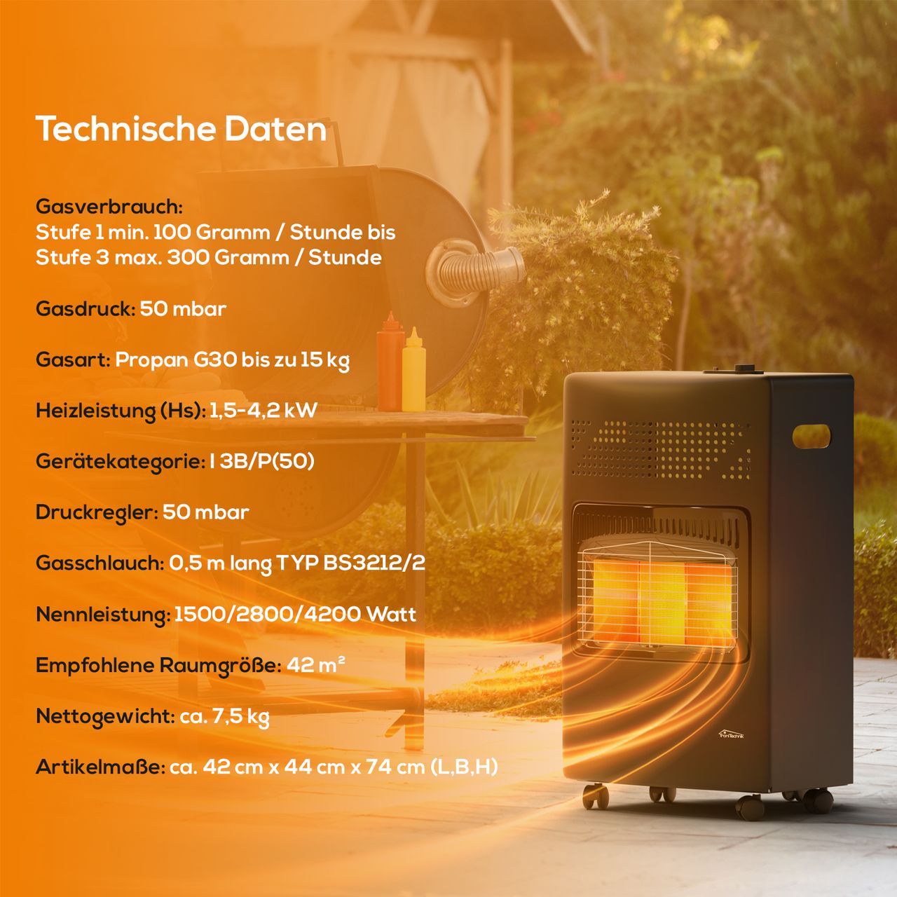TroniTechnik Gas- Heizgerät für Propangas mit Nennleistung 4,2KW inkl. Zubehör