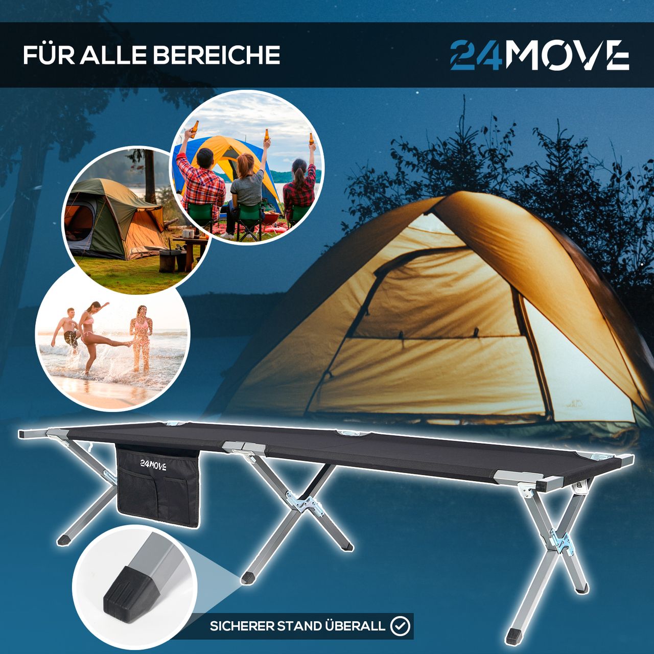 TroniTechnik 24MOVE® Feldbett Campingbett bis 180 kg In-und Outdoor Camping faltbar, inkl. Tragetasche