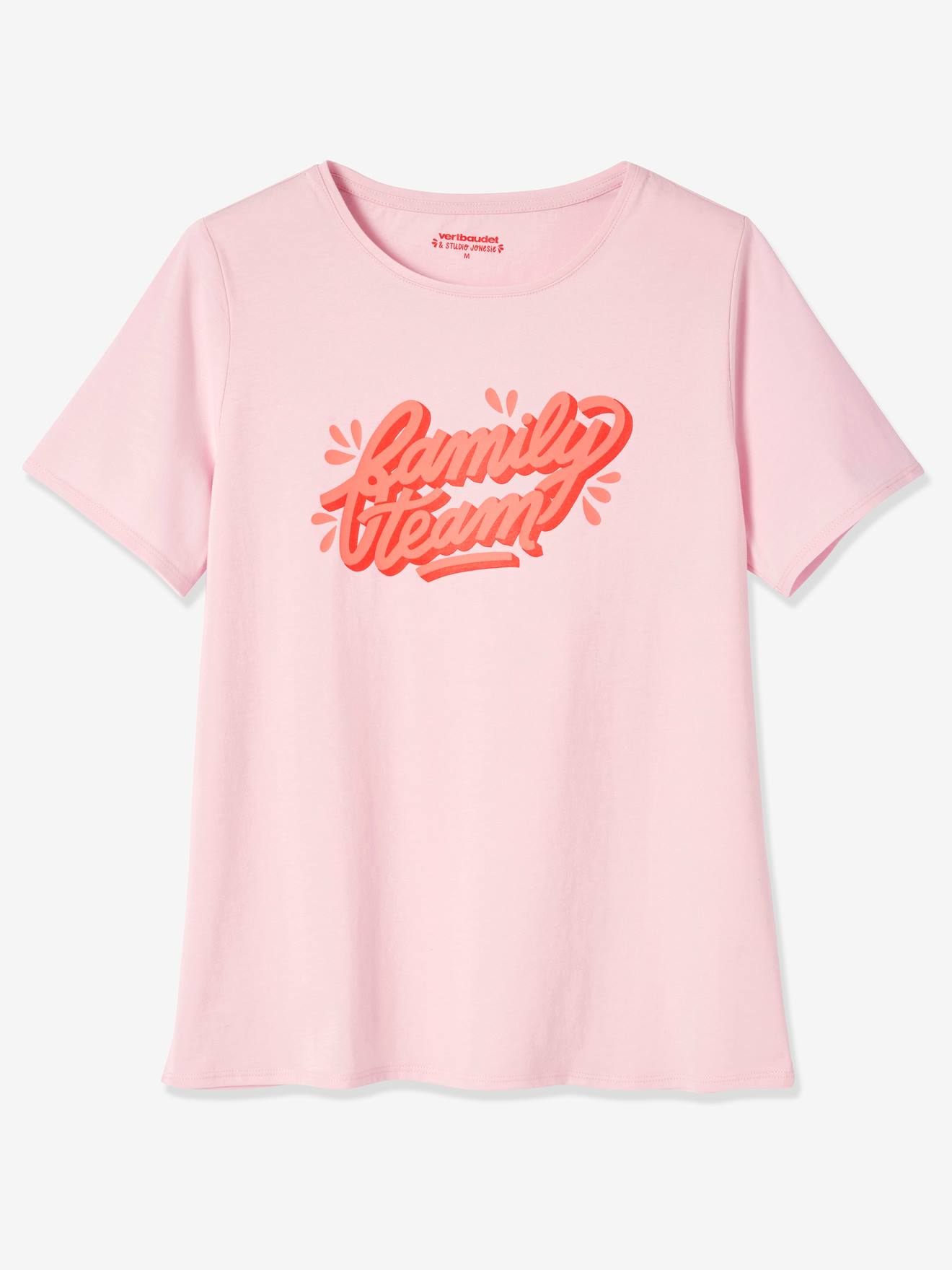 T-shirt Family team femme collection capsule vertbaudet et Studio Jonésie en coton bio. rose