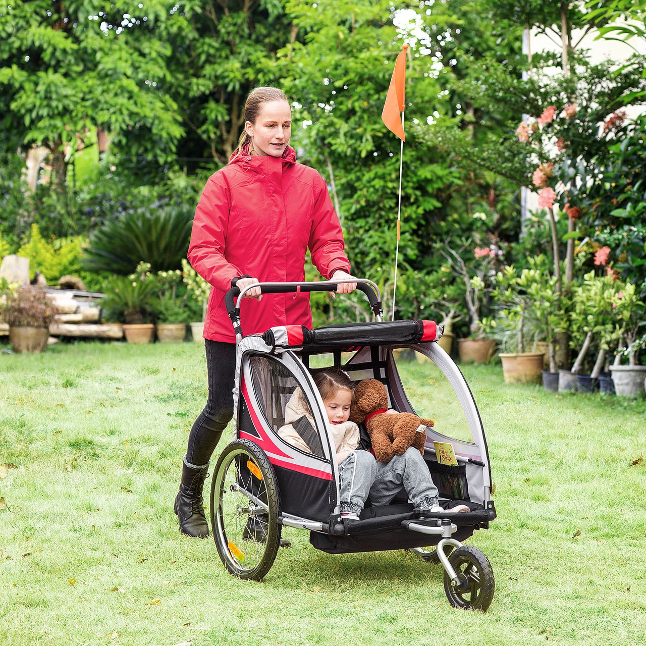 HOMCOM 2 in 1 Kinderfahrradanhänger, Kinderanhänger mit Federung, Rot Schwarz
