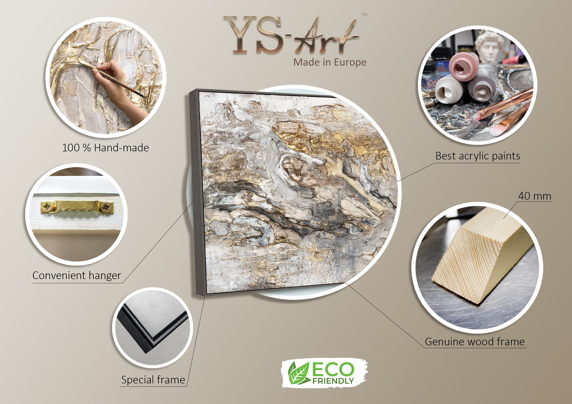 YS-Art Gemälde Klassik, Schwarz Weiß Gold auf Leinwand Bild Handgemalt Abstrakt mit Rahmen