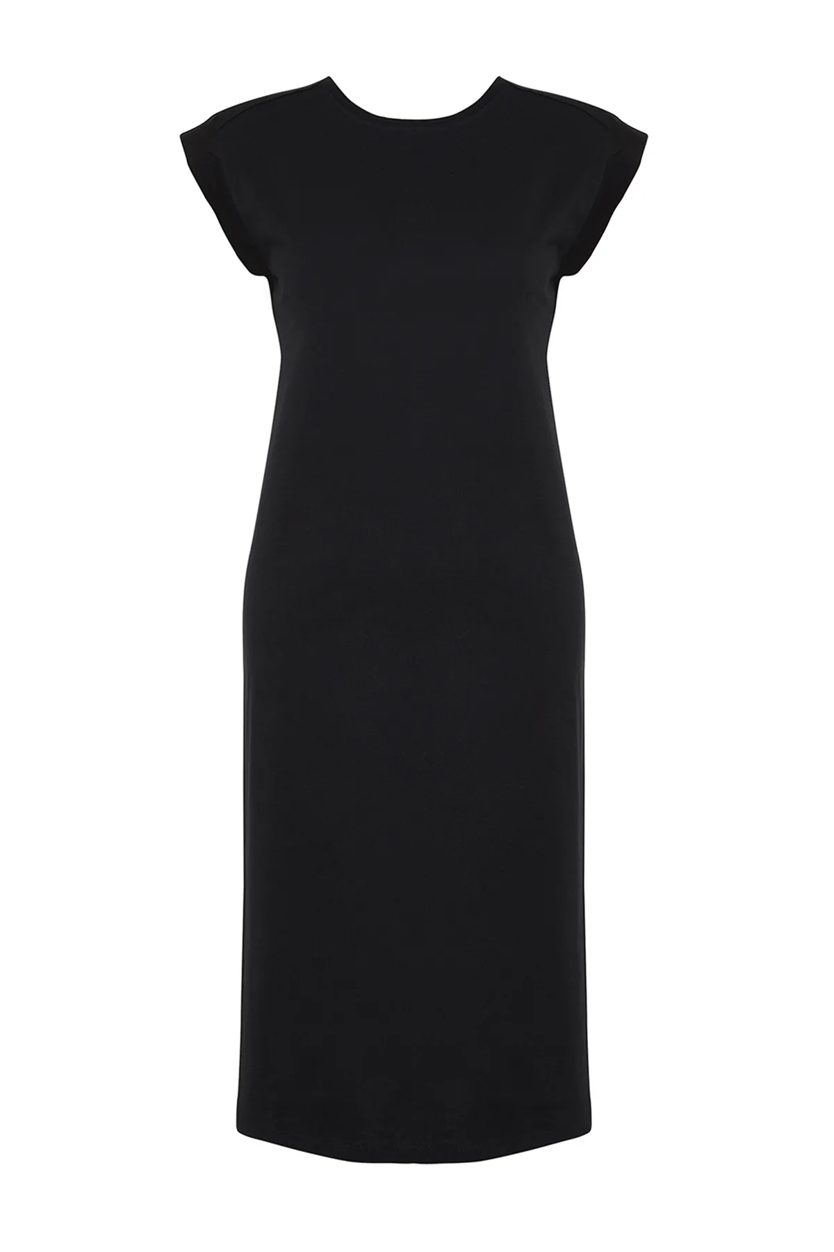Trendyol Collection  Schwarzes, schlichtes T-Shirt-Kleid aus 100 % Baumwolle, Etuikleid mit Mondärmeln und bequemem Schnitt, Midi-Midikleid TWOSS24EL00126