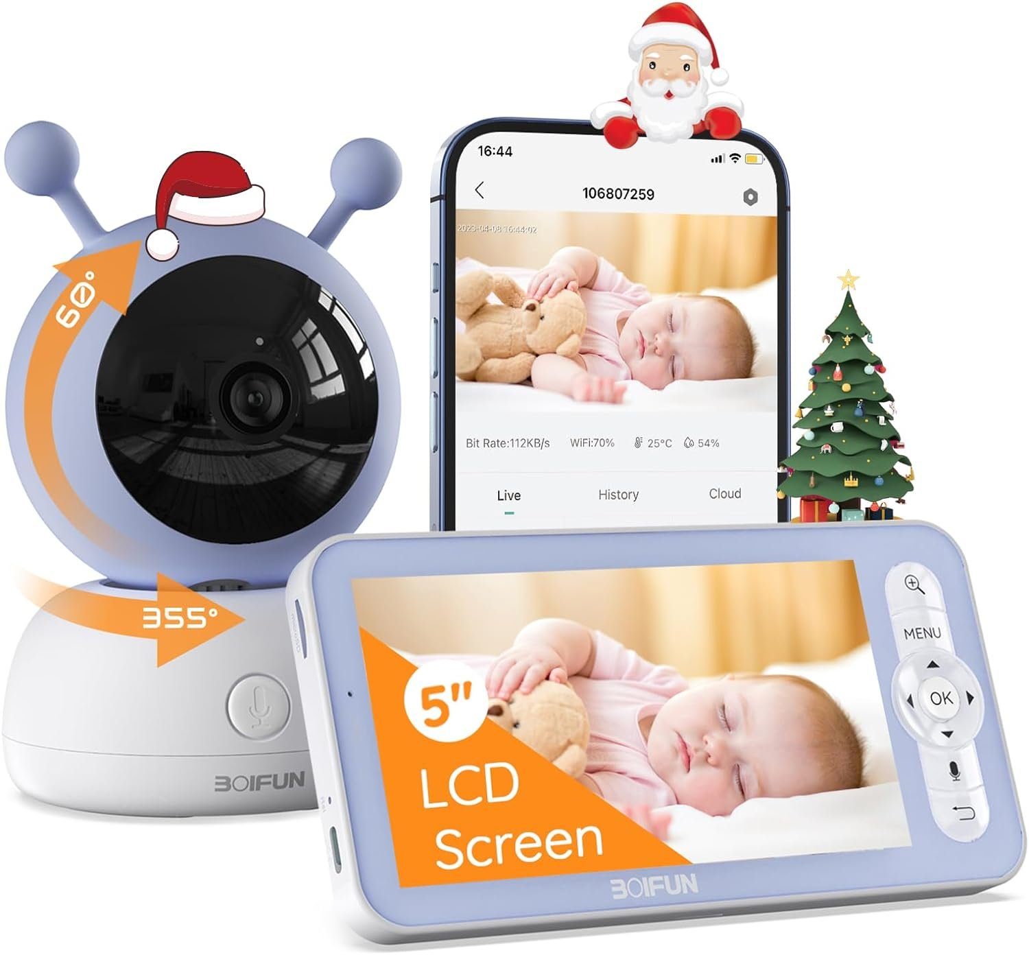 Boifun Babyphone Babyphone mit Kamera 1080P, 355°/90° PTZ Geräuschlose Rotation 4×Zoom, Infrarot-Nachtsicht, Temperaturanzeige,Bewegungs und Geräuscherkennung,3000mAh wiederaufladbare Batterie, Video,Bewegungs und Geräuscherkennung,VOX/ECO-Modus,Schl