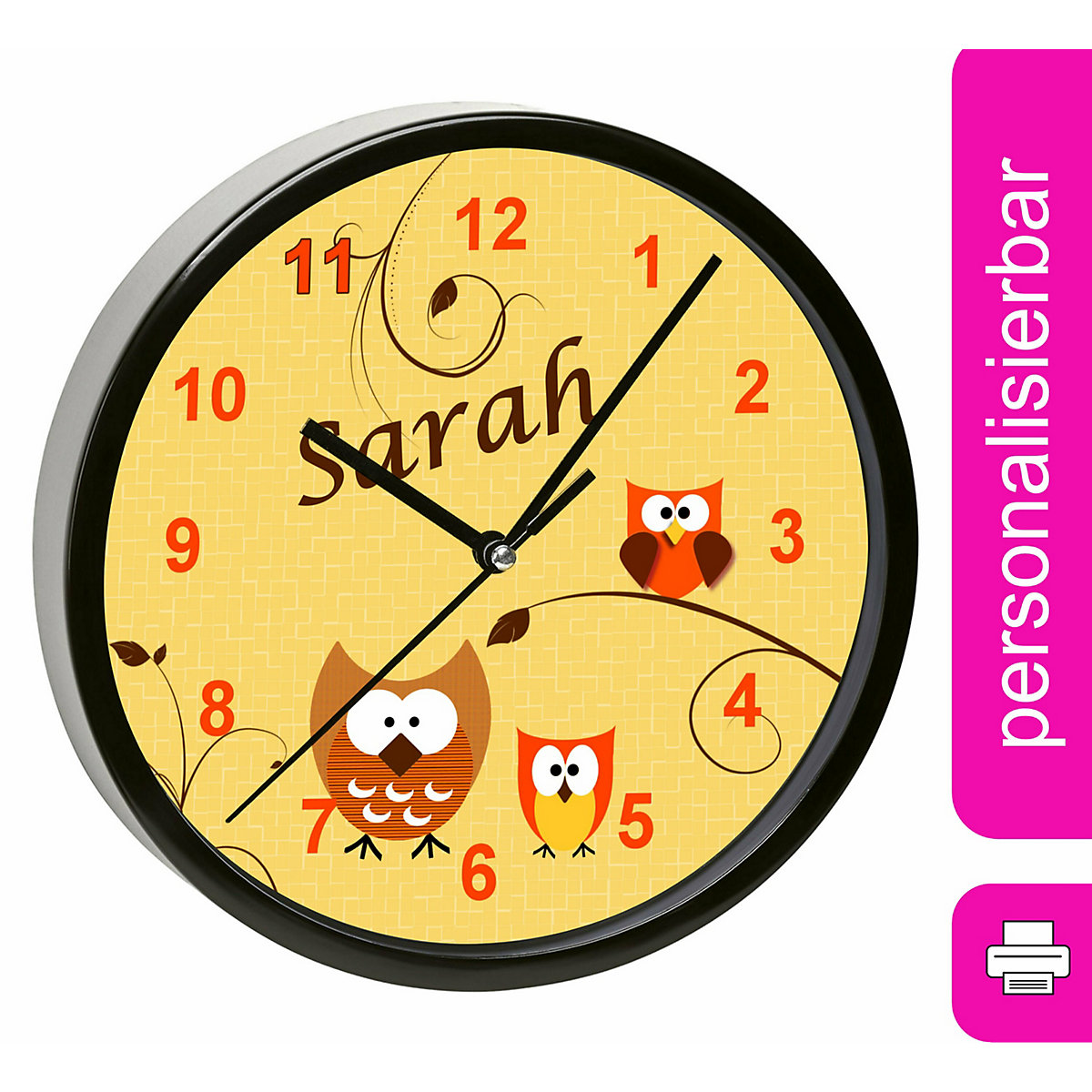Kinder Wanduhr personalisiert mit Name Eule Orange