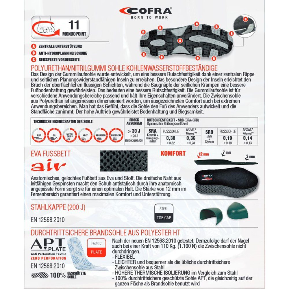 Cofra Sicherheitsschuhe New Sky S1 P SRC Sicherheitsschuh (Set, 3-tlg., 1 Paar Sicherheitsschuhe + 2 Paar Arbeitshandschuhe (Größe 9 + 10) KAPPE: Stahlkappe mit 200 J Zehenschutz, SCHAFT: gelochtes Veloursleder