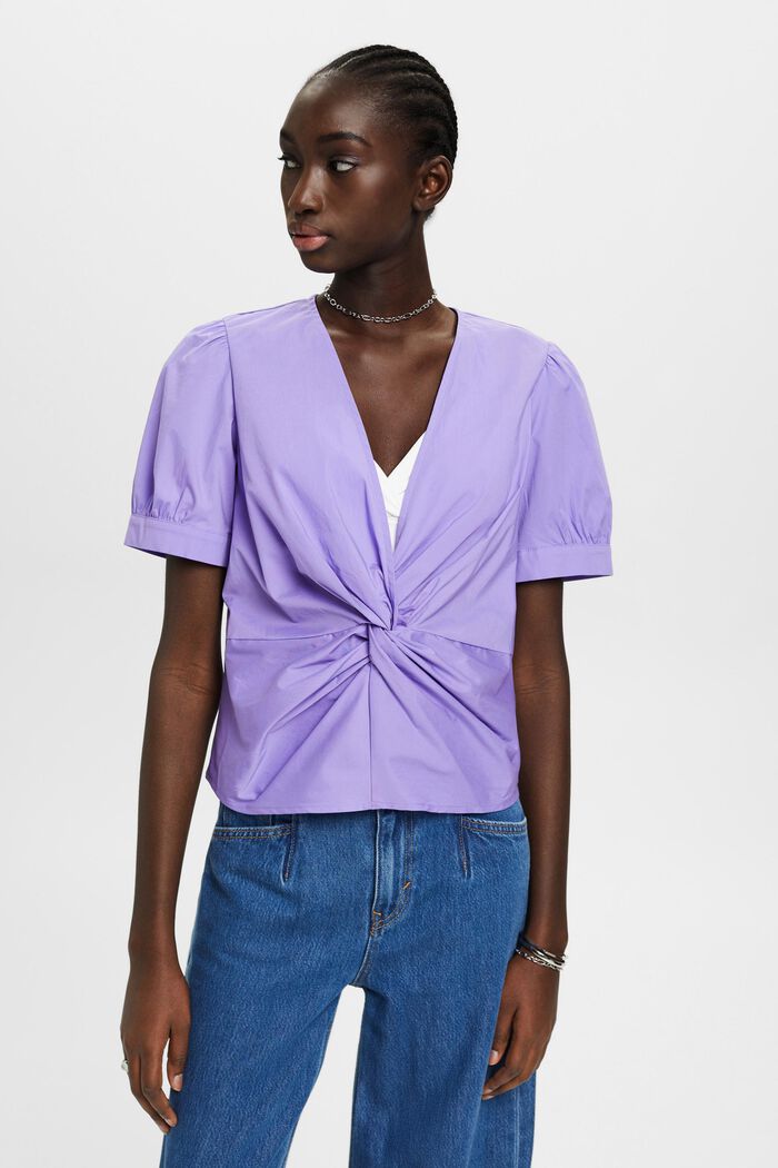 Baumwollbluse mit V-Ausschnitt und Raffung