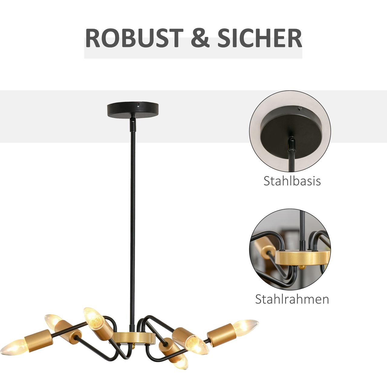 HOMCOM Kronleuchter Hängelampe 6-flammig höhenverstellbar Pendelleuchte Deckenleuchte Industrial mit E27 Lampenfassung für Wohnzimmer Schlafzimmer Metall Schwarz Gold Ø48 x 120 cm