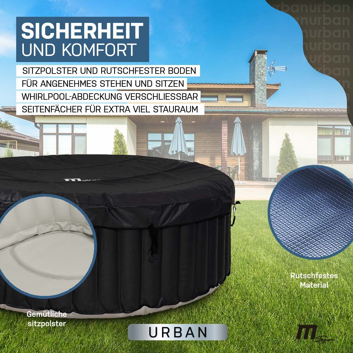 mSpa Whirlpool Outdoor Whirlpool aufblasbar Urban Rimba U-RB061 für 6 Personen, (Luxus Garten Pool - inkl. 2x Filterkartusche - Isolierabdeckung - Schnellheizsystem - Winterfest - 138 Luftdüsen, 4-tlg., Abdeckung mit Schloss - Indoor - LED Fernbedien