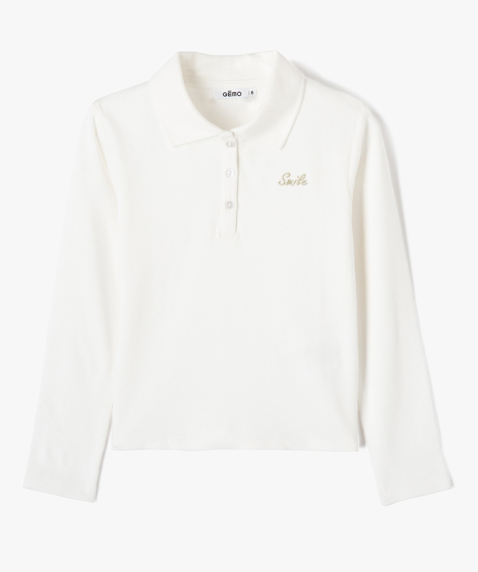 Tee-shirt fille à manches longues et col polo ecru | GEMO
