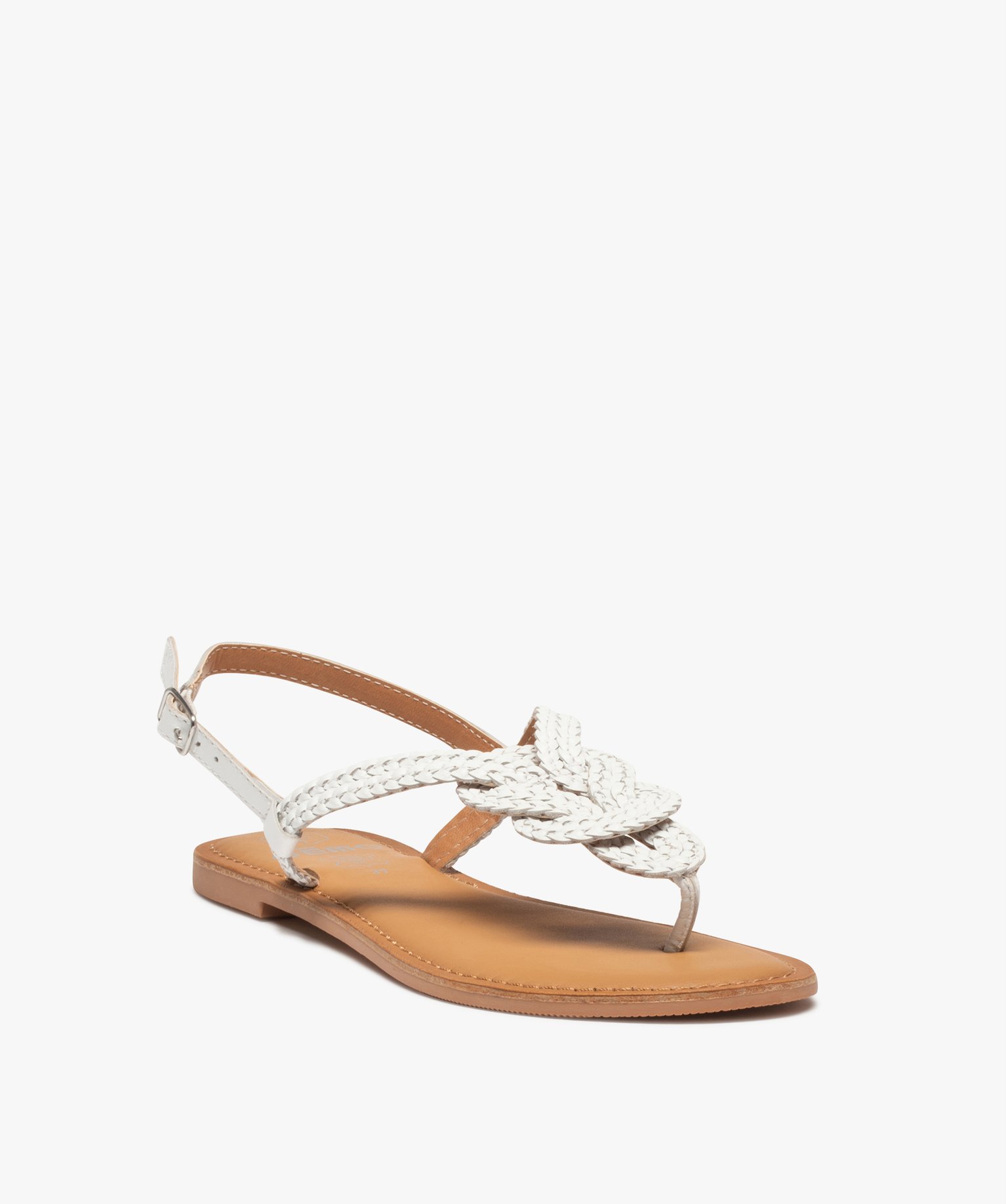 Sandales femme à talon plat et brides entre-doigts tressée... blanc | GEMO