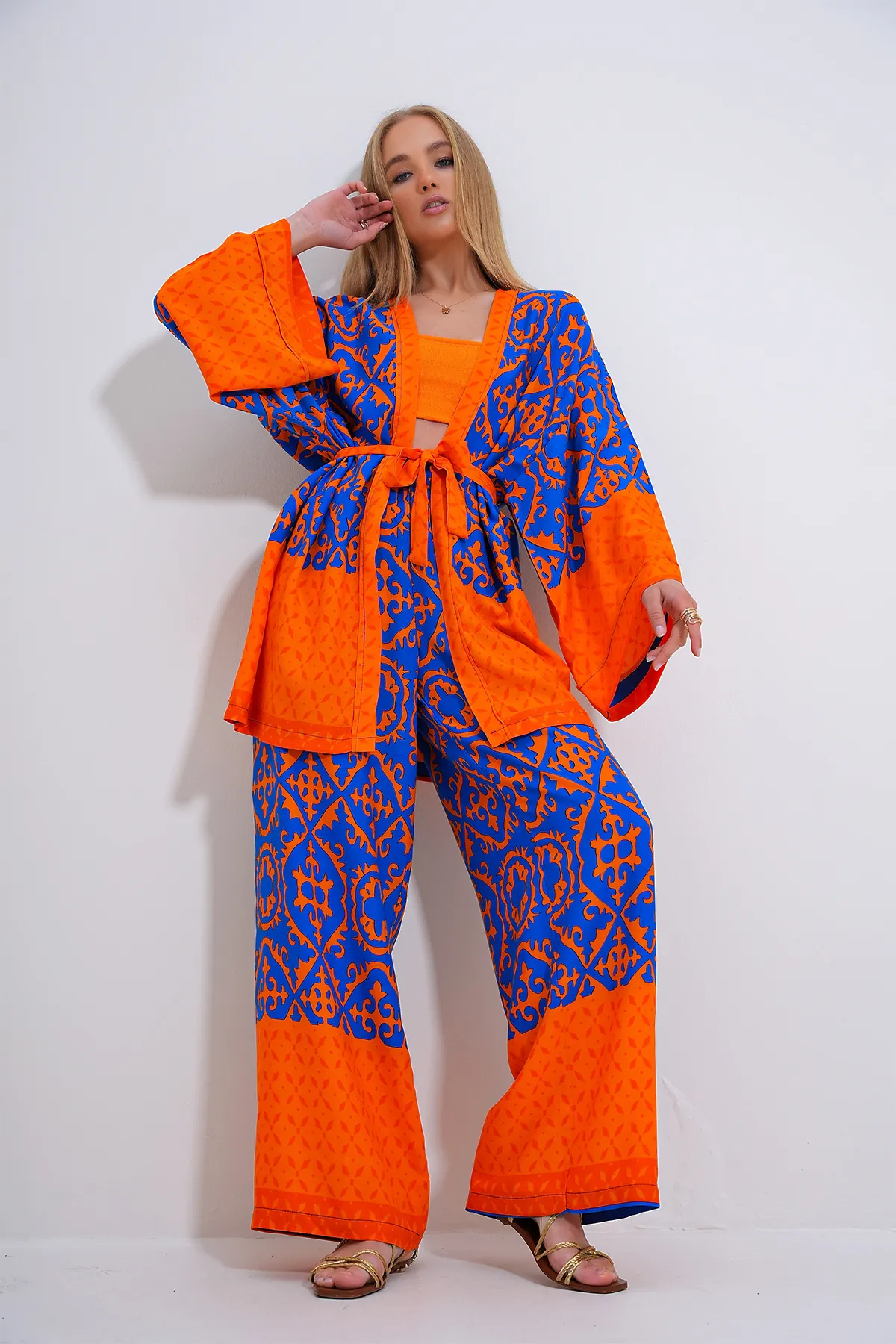 Trend Alaçatı Stili  Saks Orange Kimono und Palazzo-Hosen-Set - ALC-X11751