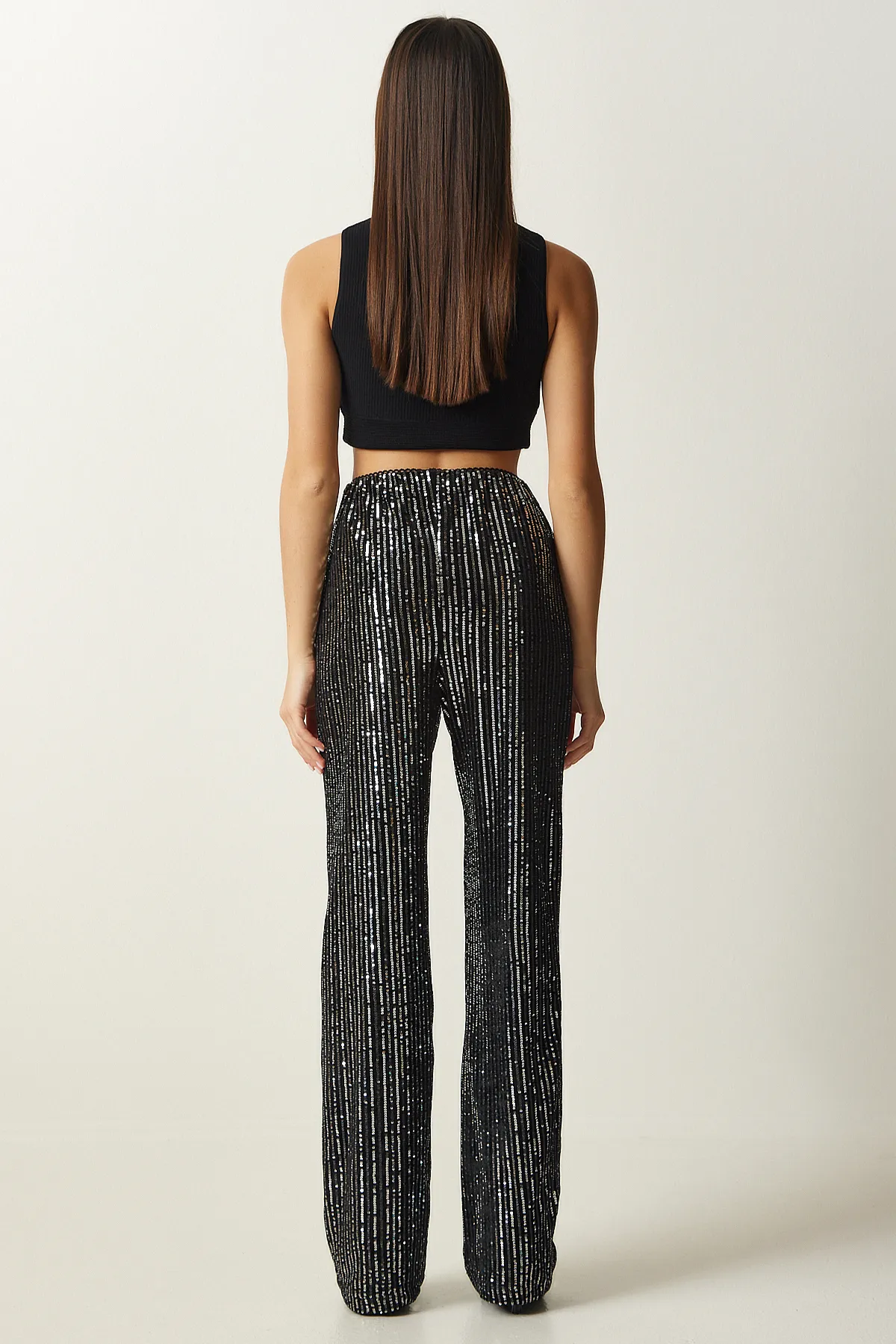Happiness İstanbul  Graue Palazzo-Hose mit Pailletten für Damen MC00250