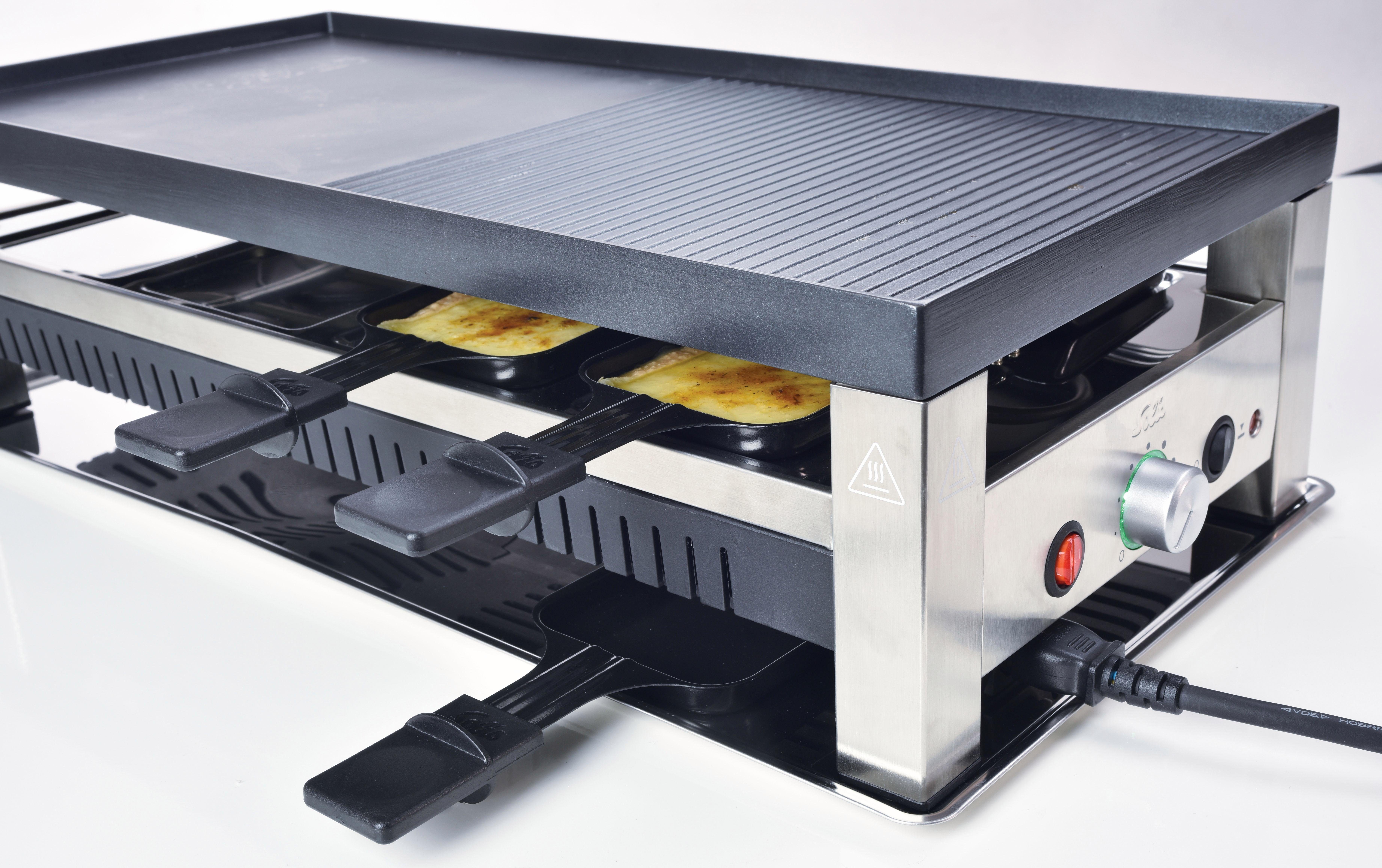 SOLIS OF SWITZERLAND Raclette Typ 791, 8 Raclettepfännchen, 1400 W, 5in1: Raclette, Tischgrill, Crépe, Mini Wok, Pizza