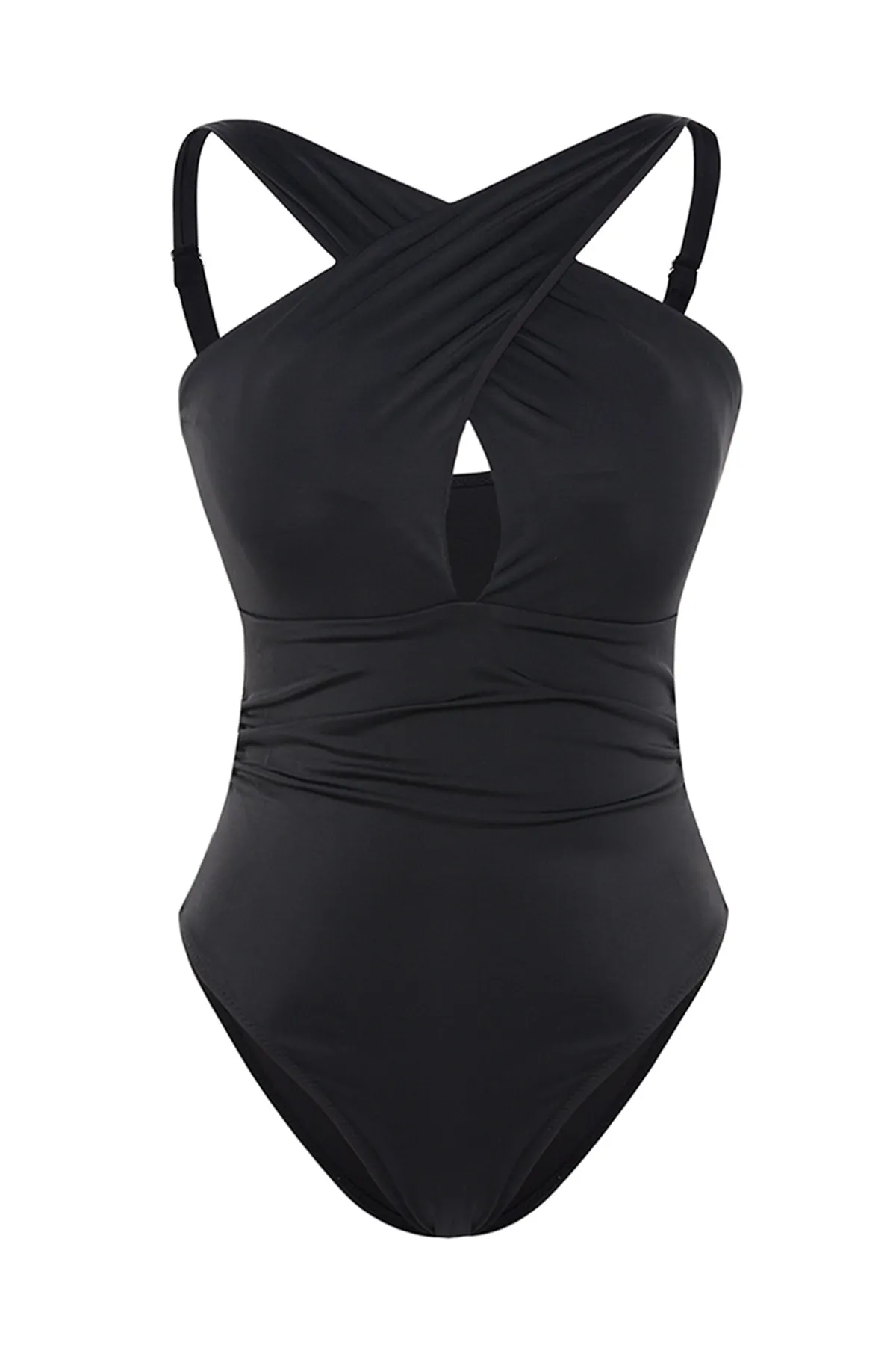 Trendyol Curve  Schwarzer Badeanzug mit tiefem V-Ausschnitt und Kreuzschnürung TBSSS23AM00023