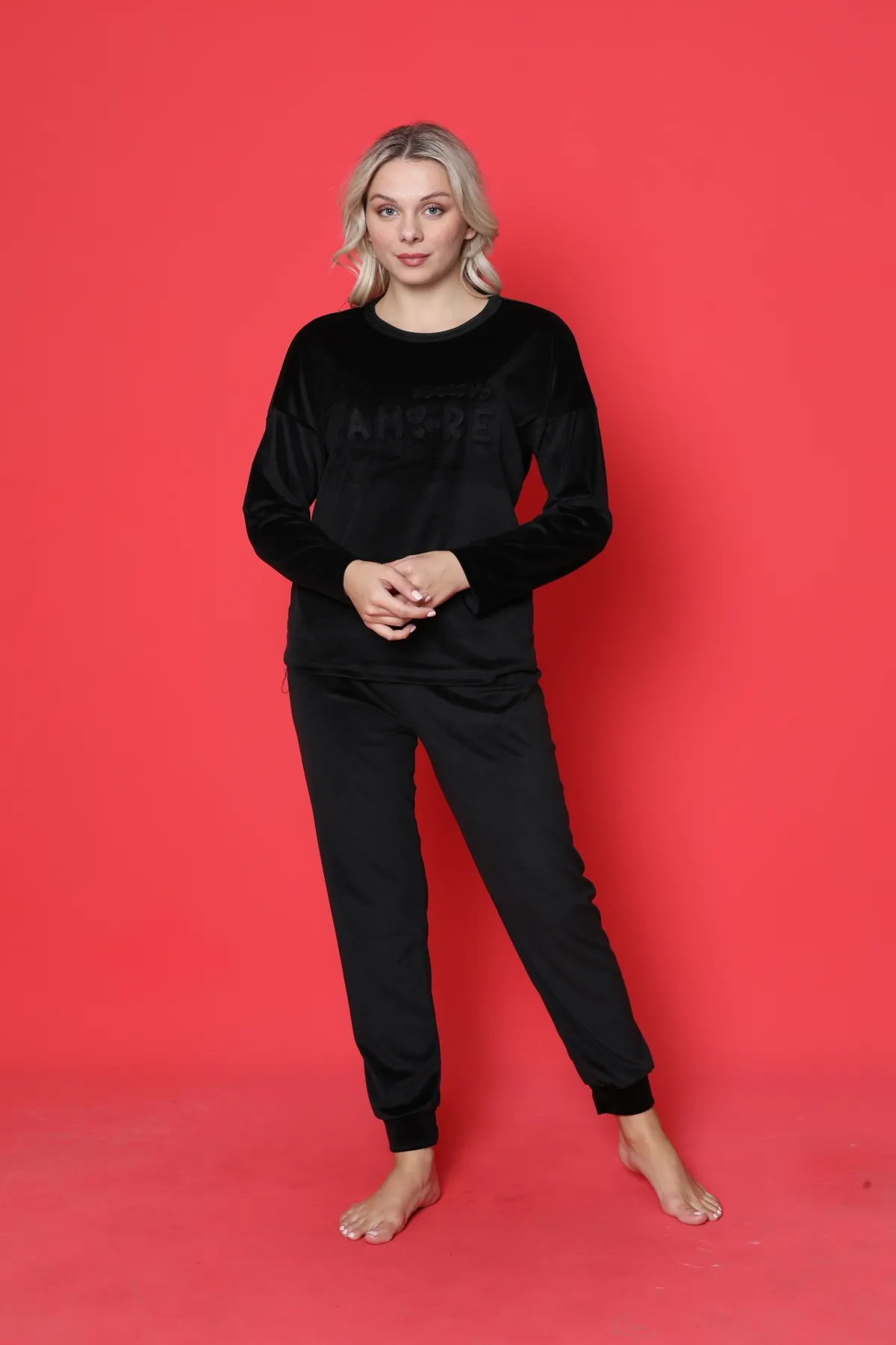 AHENGİM  Pyjama-Set für Jugendliche, französischer Samt, Amore, bedruckt, mit Spatenmanschette, Winter, saisonal, W20432250