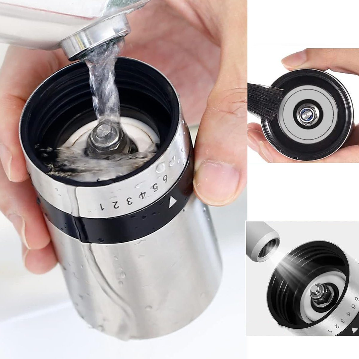 HYIEAR Kaffeemühle Manuelle, Edelstahl und Glas, 6 Verstellbarer Mahlgrad, Keramikmahlwerk, 15,00 g Bohnenbehälter, 110ml Pulverbehälter, inkl. Siebträgeradapter und Reinigungspinsel