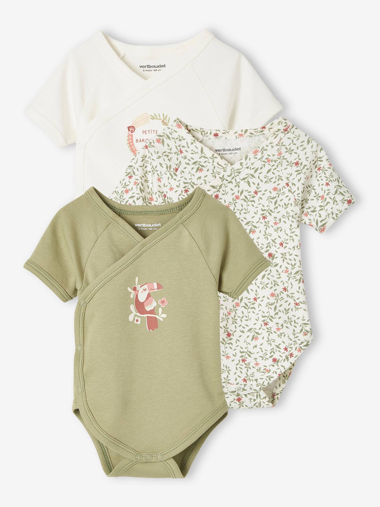 Lot de 3 bodies jungle manches courtes bébé ouverture naissance kaki