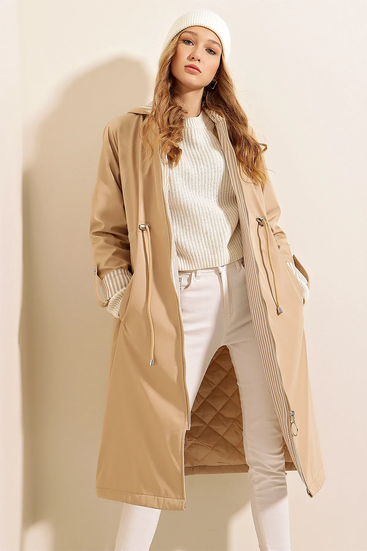 Bigdart  9091 Trenchcoat mit geraffter Taille und Kapuze – Beige