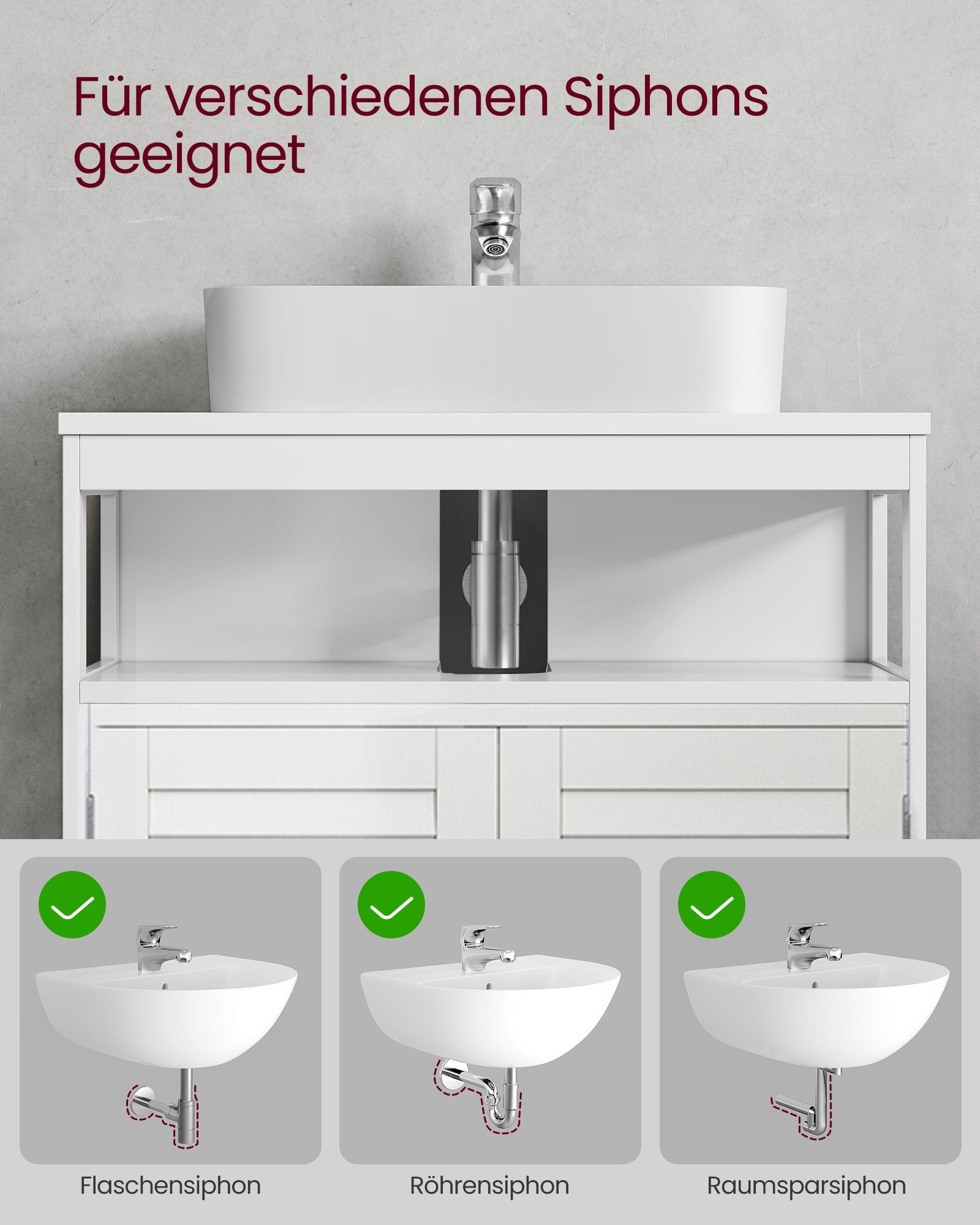 VASAGLE Waschbeckenunterschrank mit Lamellentüren, 2 Fächer, 30 x 60 x 60 cm