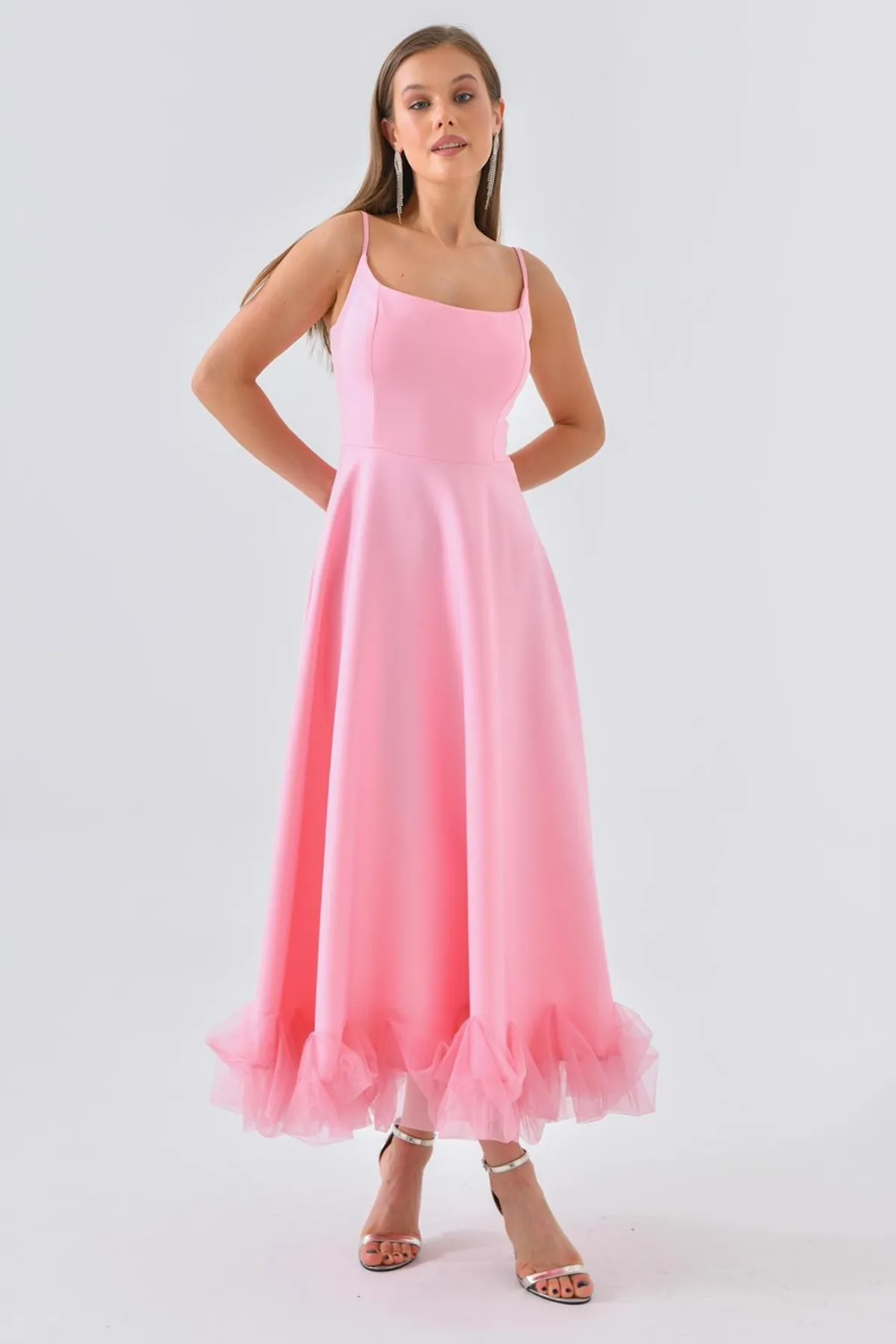 lovebox  Ausgestellter Rock aus Baumwollatlasgewebe mit dünnen Trägern und Tülldetail, mittellanges rosa Abendkleid 9326