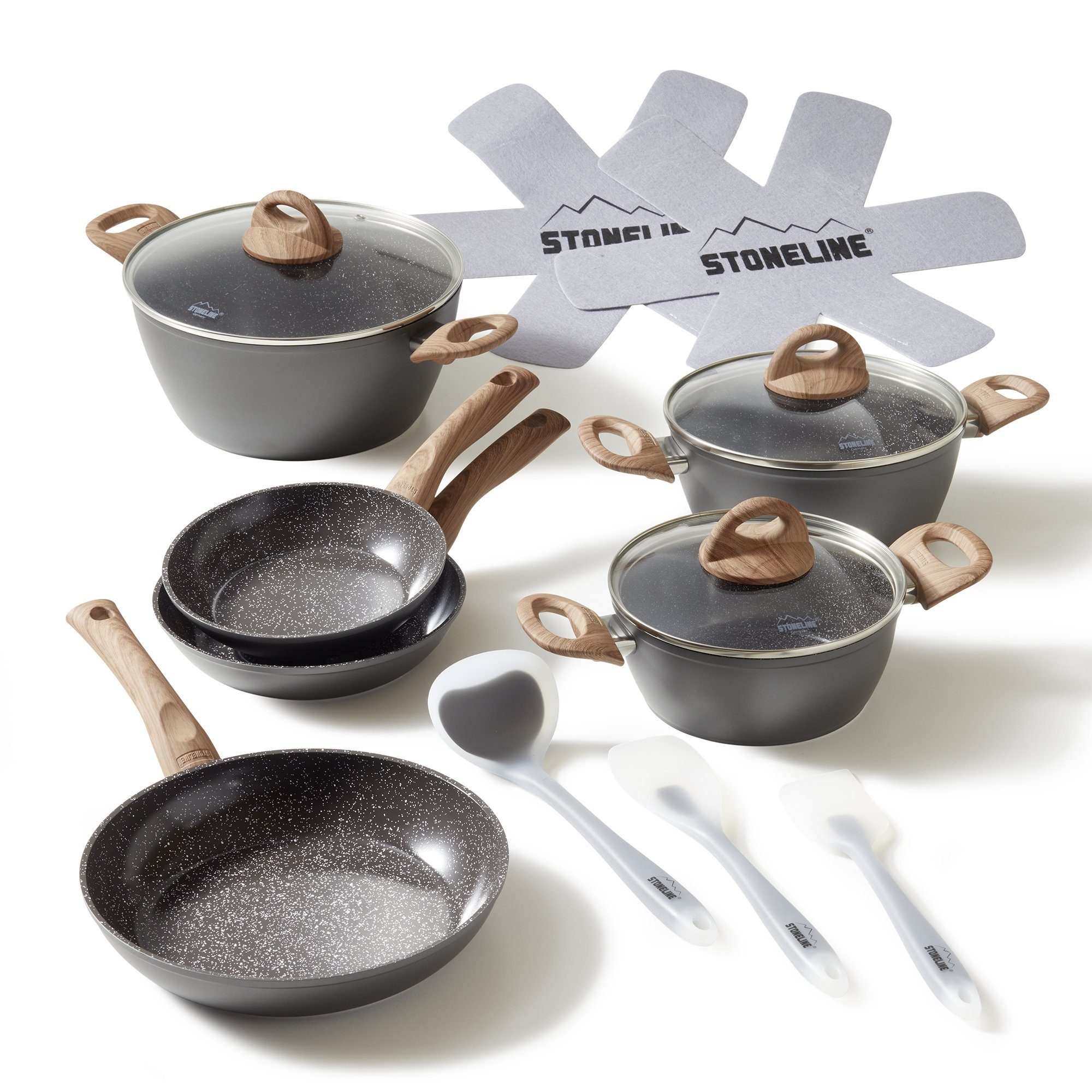 STONELINE Topf-Set Kochgeschirr-Set, 14-teilig, mit Griff in Holzoptik und Glasdeckeln, Aluminium, Keramik (Kochgeschirr-Set, 14-tlg., Kochgeschirr-Set, 3x Kochtopf, 3x Bratpfanne, 3x Glasdeckel, Zubehör), mit echten Steinpartikeln, induktionsgeeigne