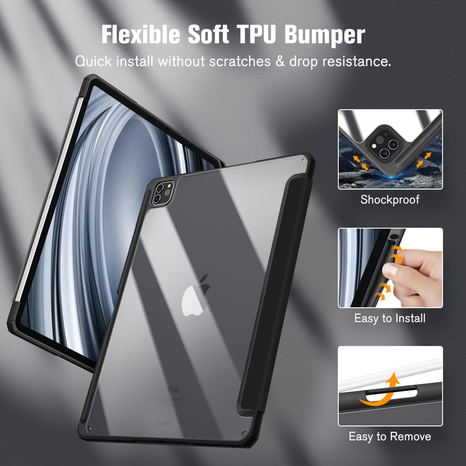 Fintie Tablet-Hülle für iPad Pro 12.9 2022 (6. Generation)/ iPad Pro 12.9 2021/2020/2018, mit Stifthalter-Hülle mit transparenter Hartschale auf der Rückseite